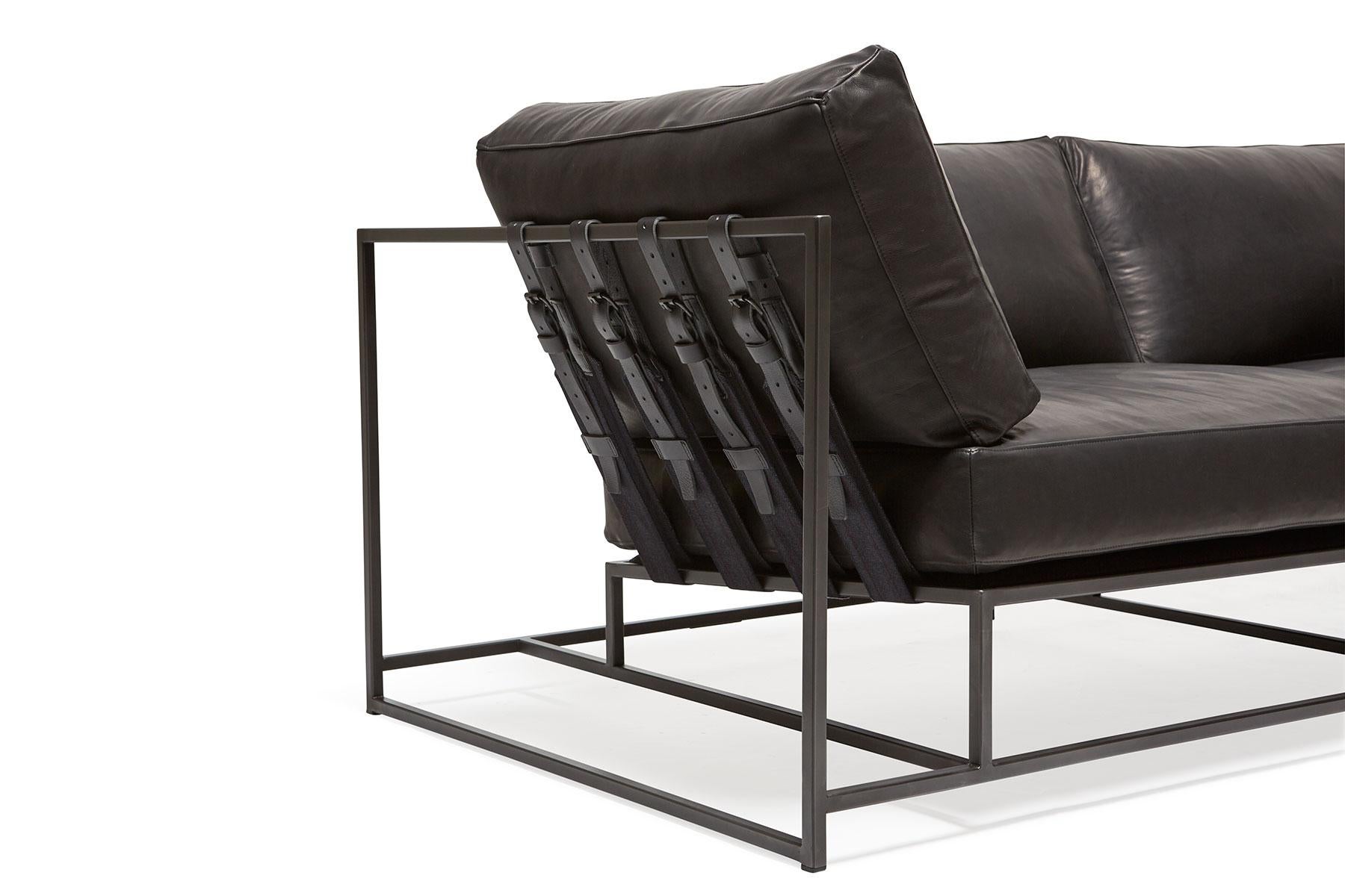 Contemporary Valhalla Granite Leather and Blackened Steel Two-Seat Sofa For Sale