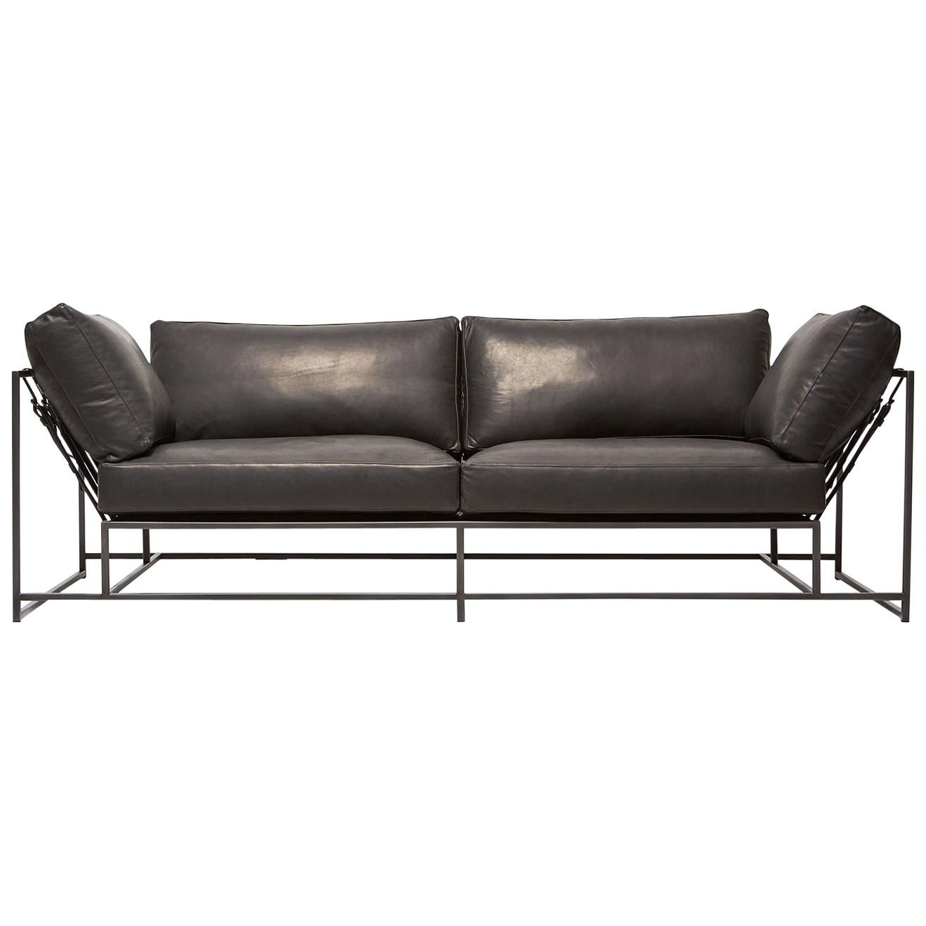 Valhalla Granite Leather and Blackened Steel Two-Seat Sofa For Sale