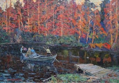 Vintage Autumn day at the Lake. Oil on canvas. 49x69 cm