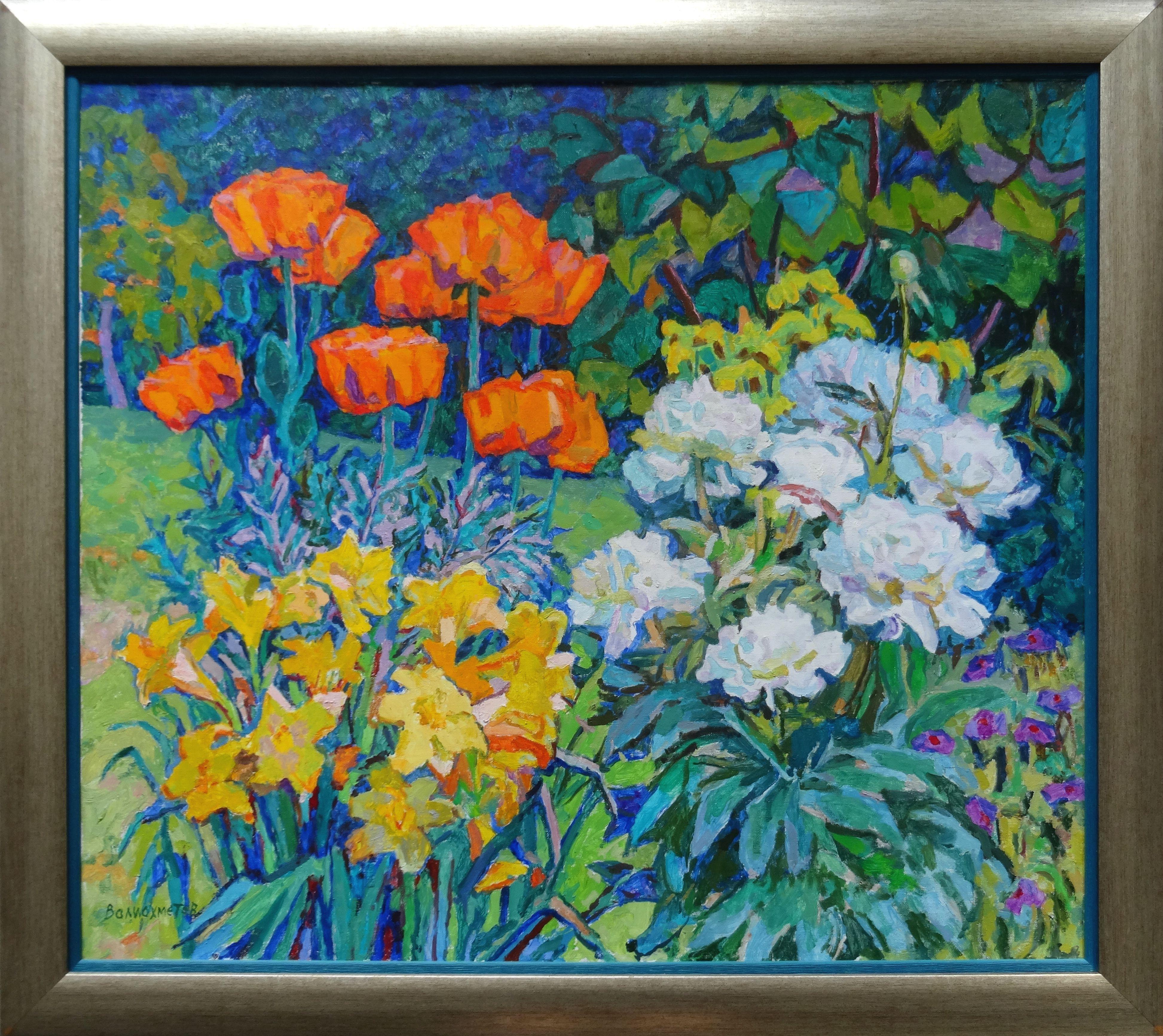 Poppies and peonies. 1985. Oil on canvas, 70x80 cm - Painting by Valiahmetov Amir Hasnulovitch