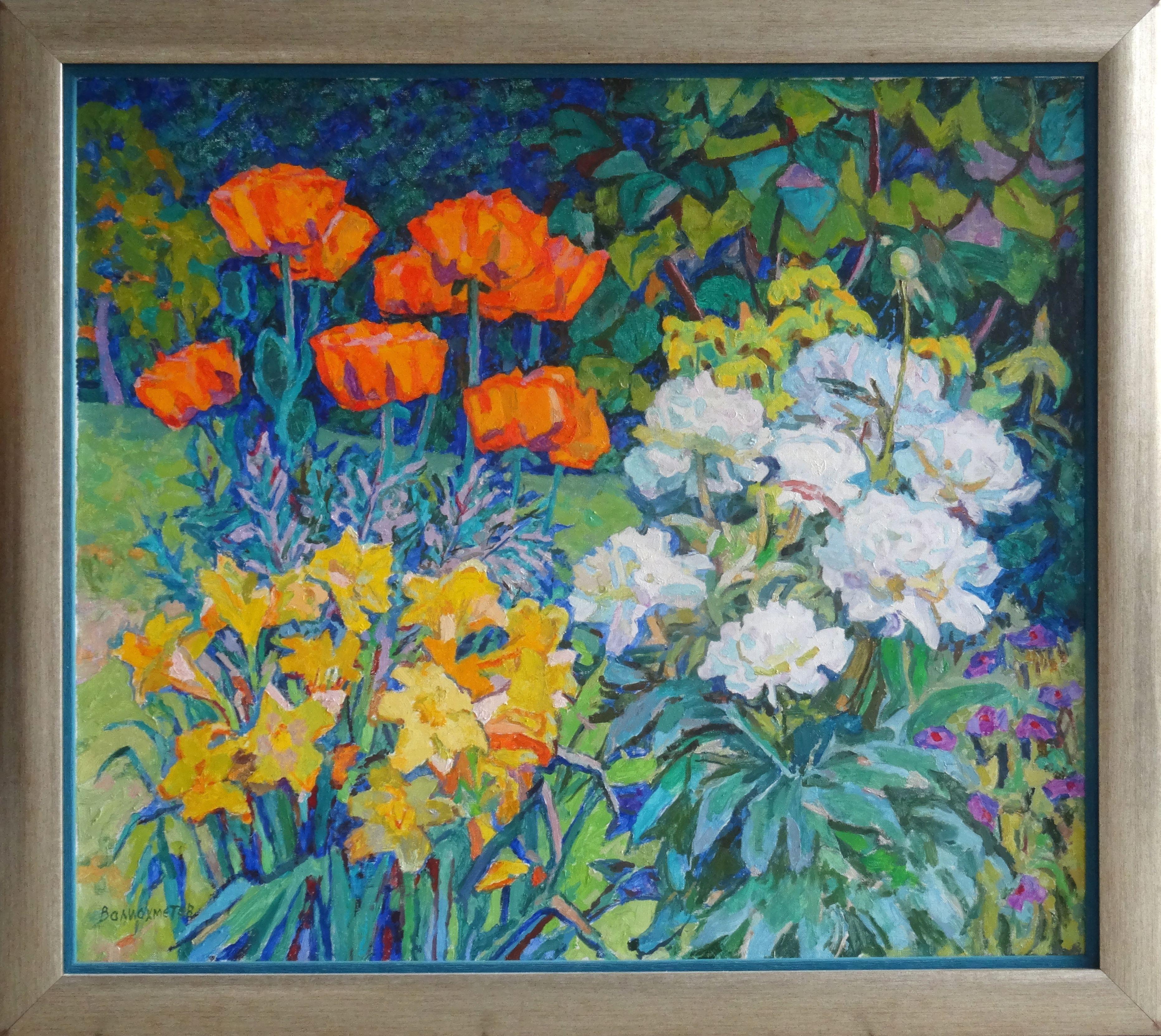 Poppies and peonies. 1985. Oil on canvas, 70x80 cm For Sale 1