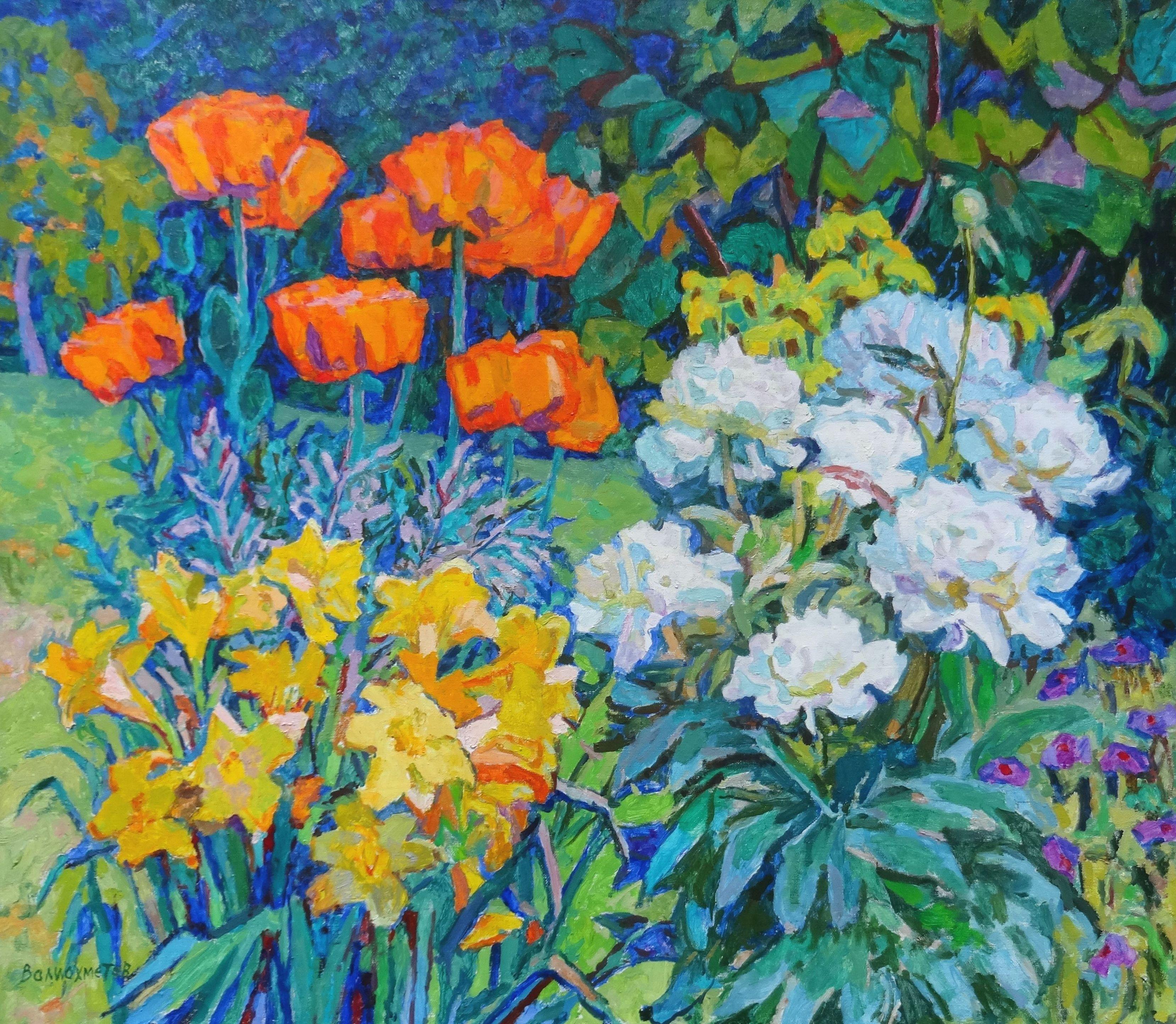 Valiahmetov Amir Hasnulovitch Landscape Painting - Poppies and peonies. 1985. Oil on canvas, 70x80 cm