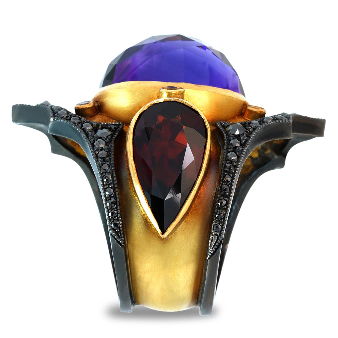 Medieval Amethyst, Garnet and Black Diamonds gold ring  For Sale