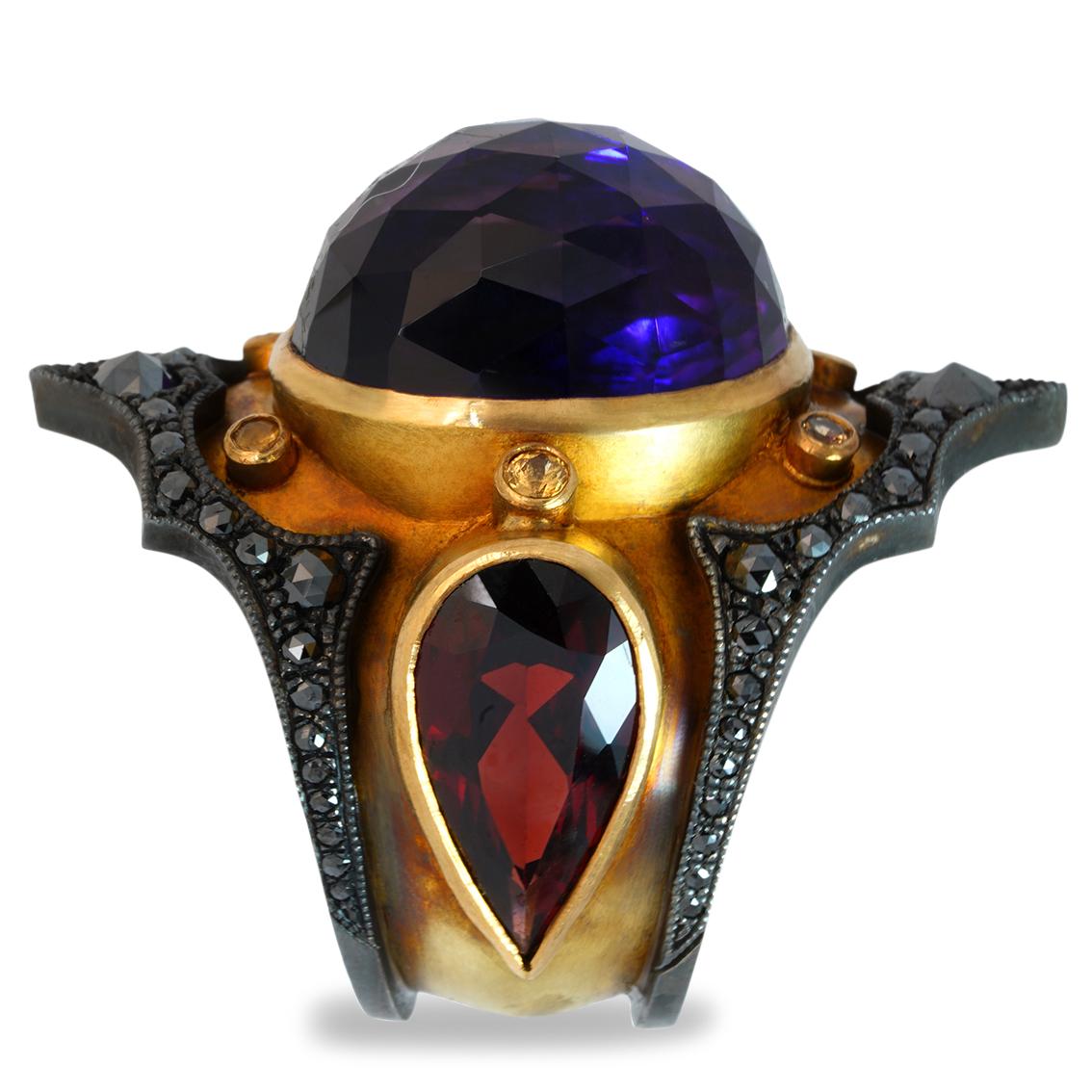 Pear Cut Amethyst, Garnet and Black Diamonds gold ring  For Sale