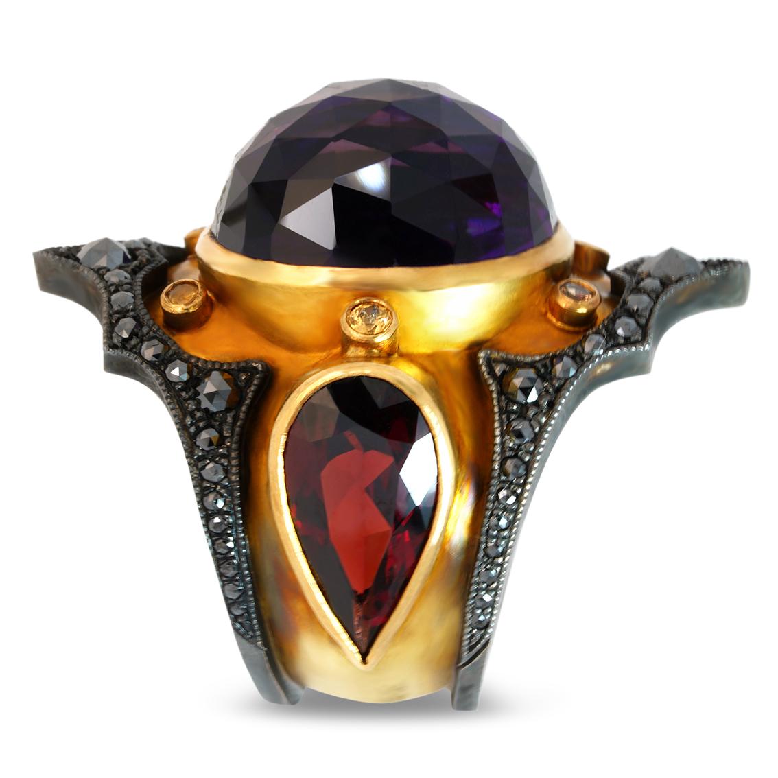 Amethyst, Garnet and Black Diamonds gold ring  In New Condition For Sale In Melbourne, Vic