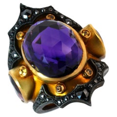 Amethyst, Garnet and Black Diamonds gold ring 