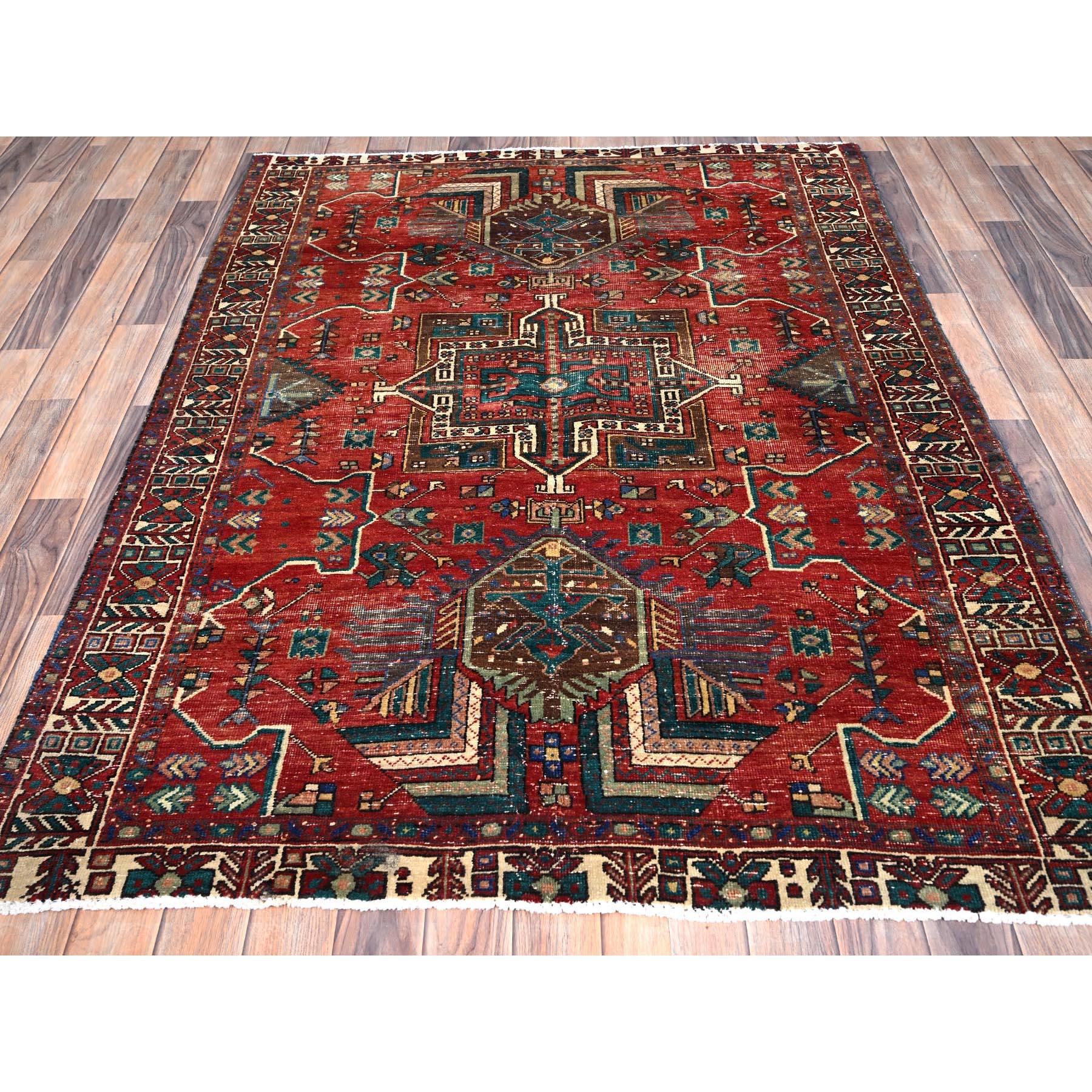 Medieval Valiant Poppy Red Ivory Persian Karajeh Distressed Clean Hand Knotted Wool Rug For Sale
