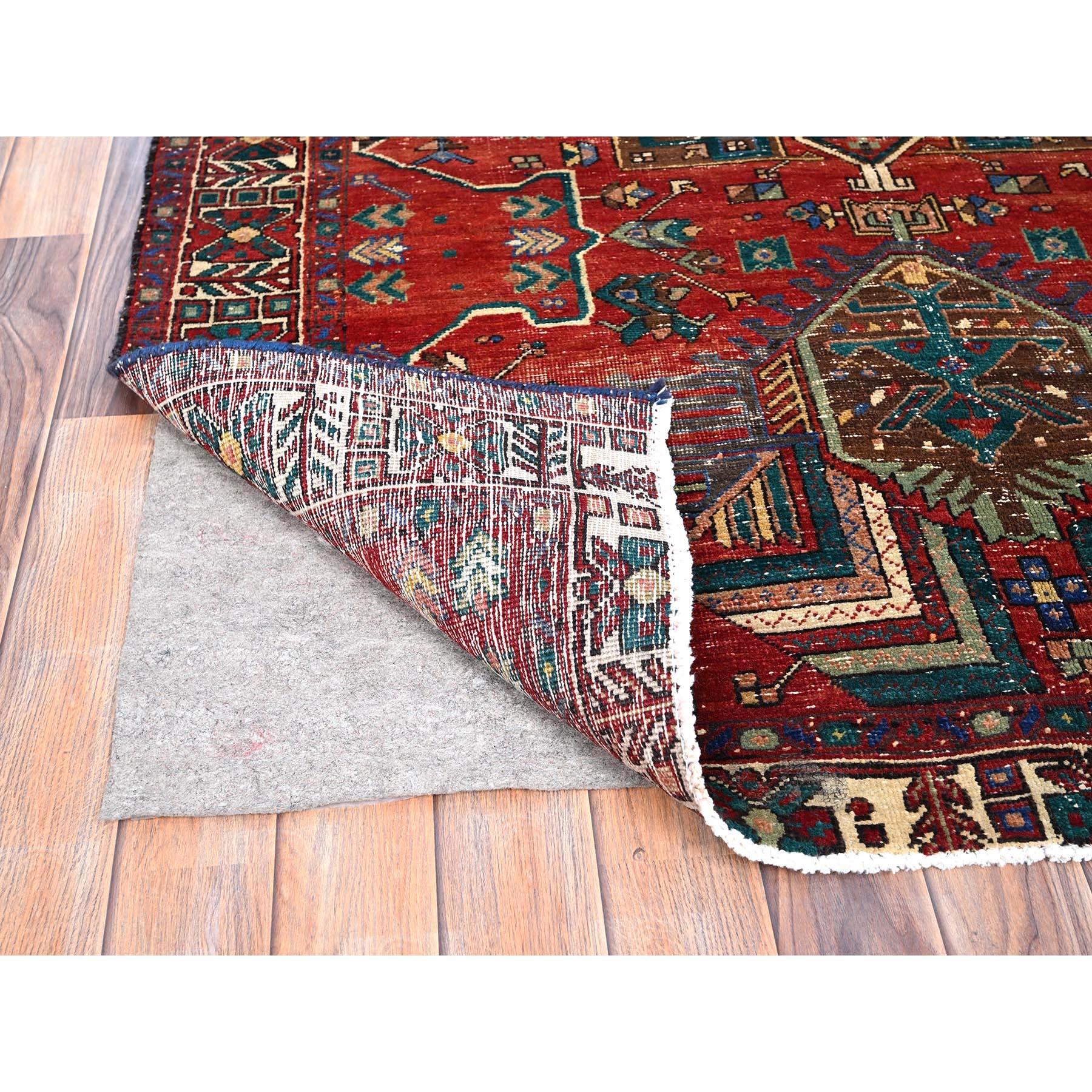 Hand-Knotted Valiant Poppy Red Ivory Persian Karajeh Distressed Clean Hand Knotted Wool Rug For Sale