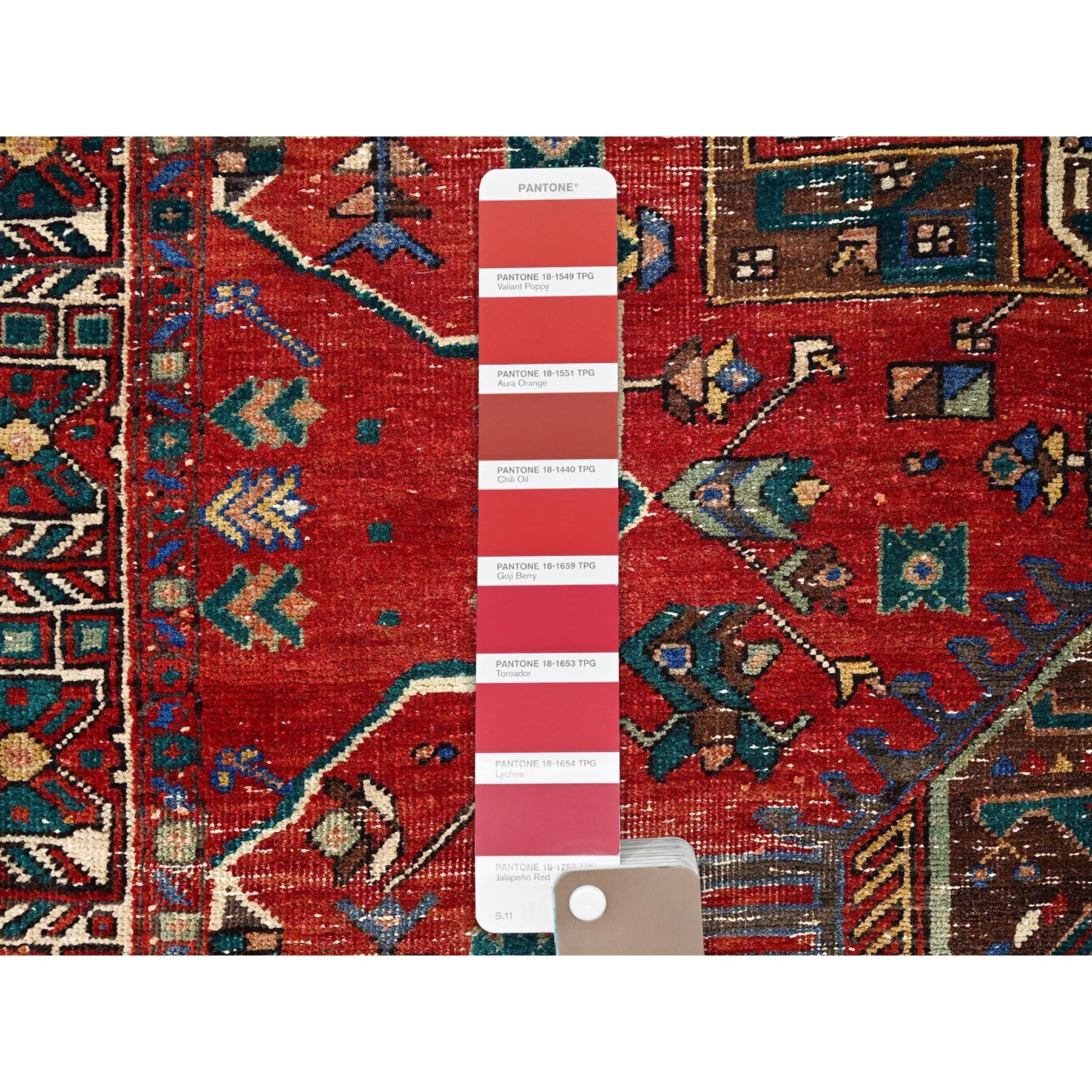 Valiant Poppy Red Ivory Persian Karajeh Distressed Clean Hand Knotted Wool Rug In Good Condition For Sale In Carlstadt, NJ