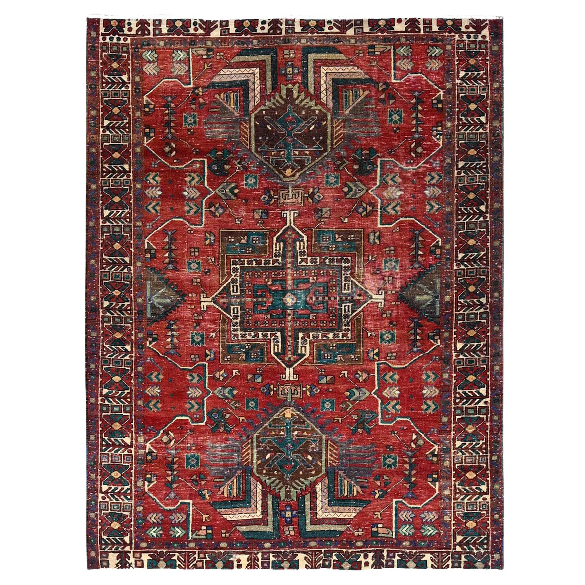 Valiant Poppy Red Ivory Persian Karajeh Distressed Clean Hand Knotted Wool Rug For Sale