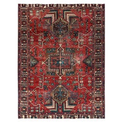Retro Valiant Poppy Red Ivory Persian Karajeh Distressed Clean Hand Knotted Wool Rug