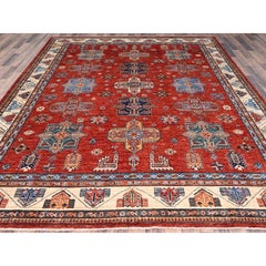 Valiant Poppy Red Wool Hand Knotted Afghan Super Kazak Oriental Rug 8'2" x 9'10"
