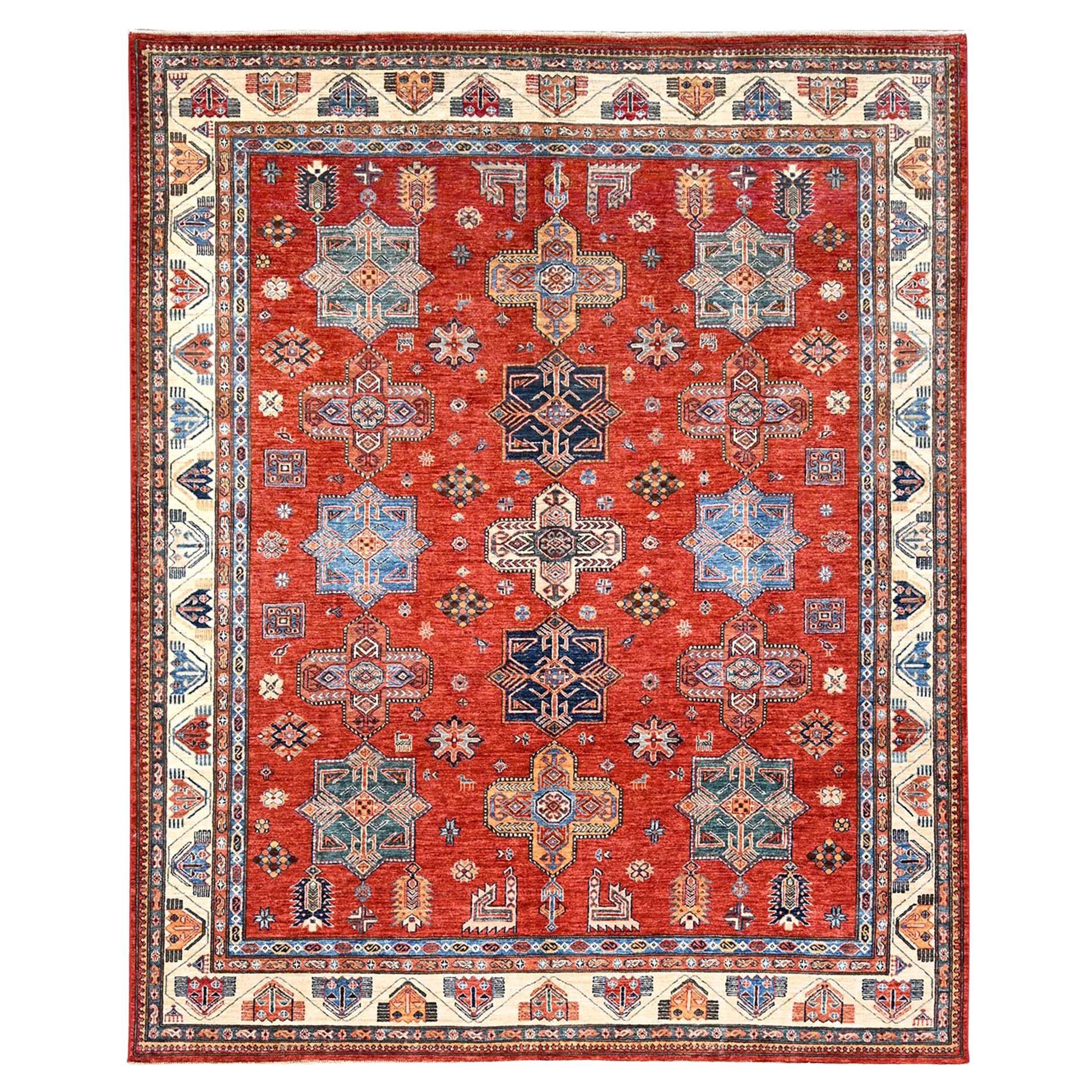 Valiant Poppy Red Wool Hand Knotted Afghan Super Kazak Oriental Rug 8'2" x 9'10" For Sale