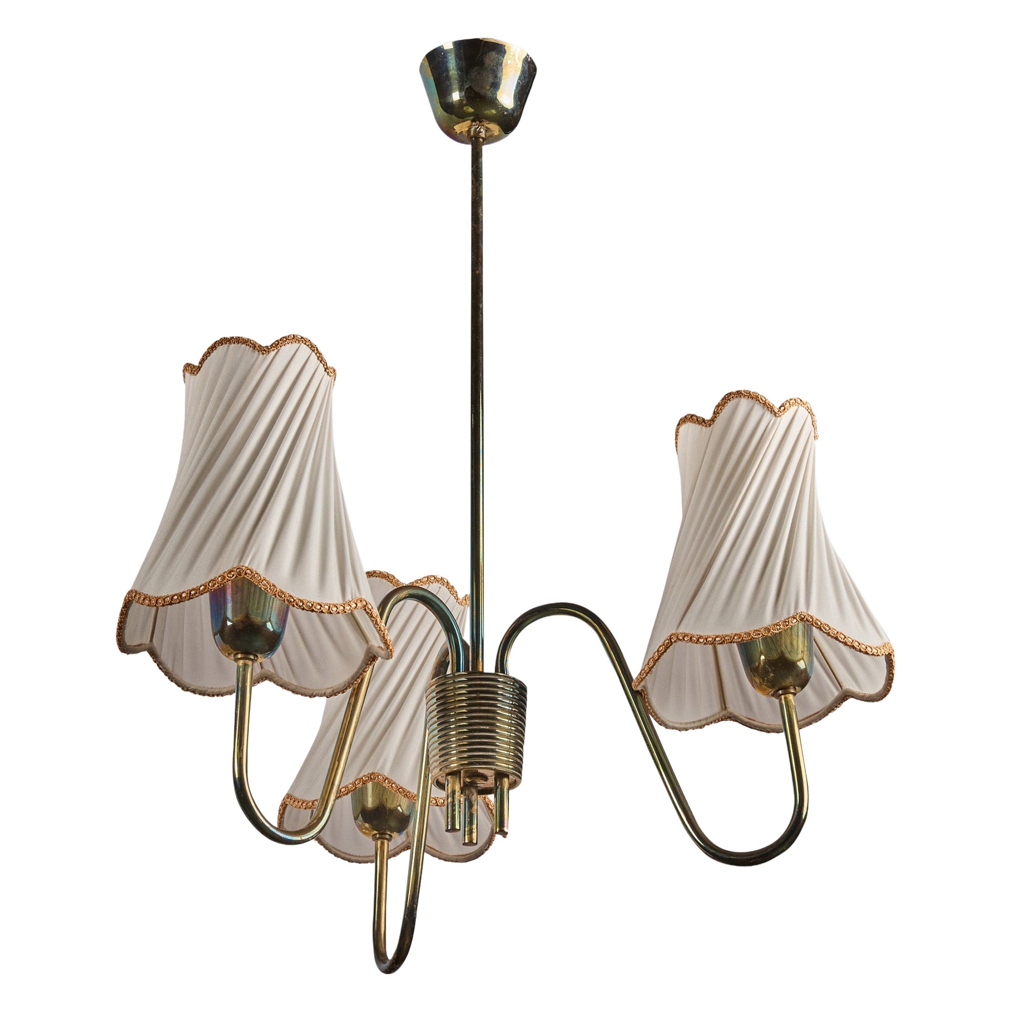 Valinte, Chandelier, Brass, Fabric, Finland, 1950s For Sale