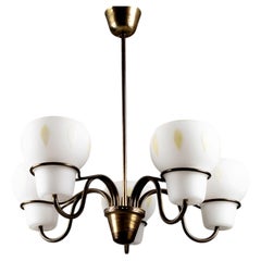 Valinte, Finnish 1950s brass and opaline glass chandelier