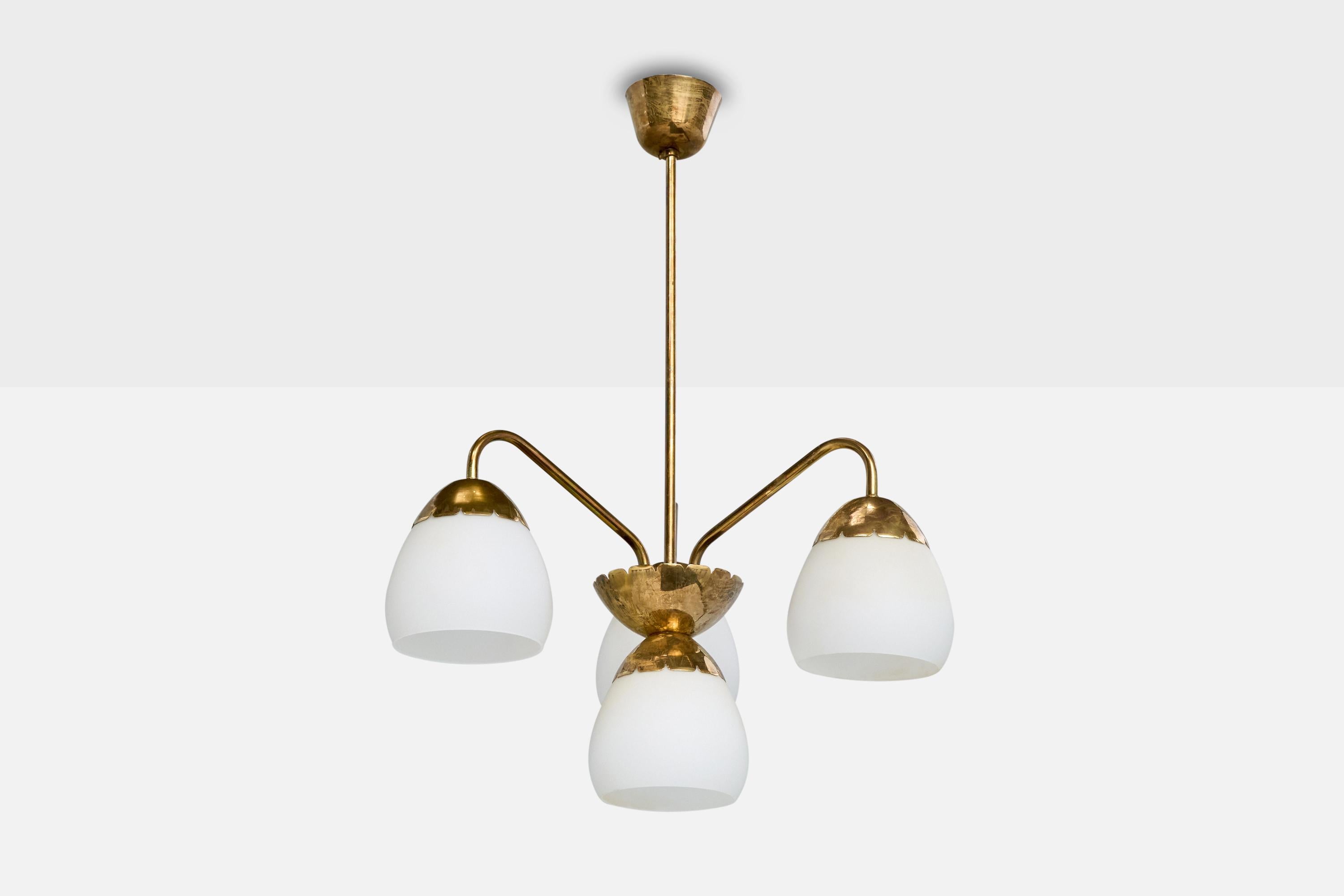 A brass and white opaline glass chandelier produced by Valinte OY, Finland, c. 1950s.

Overall Dimensions (inches): 24.5” H x 17” Diameter

Dimensions of Canopy: 2.25“ H x 3.5” Diameter 

Stem length: 15” H

Bulb Specifications: E-26

Number of