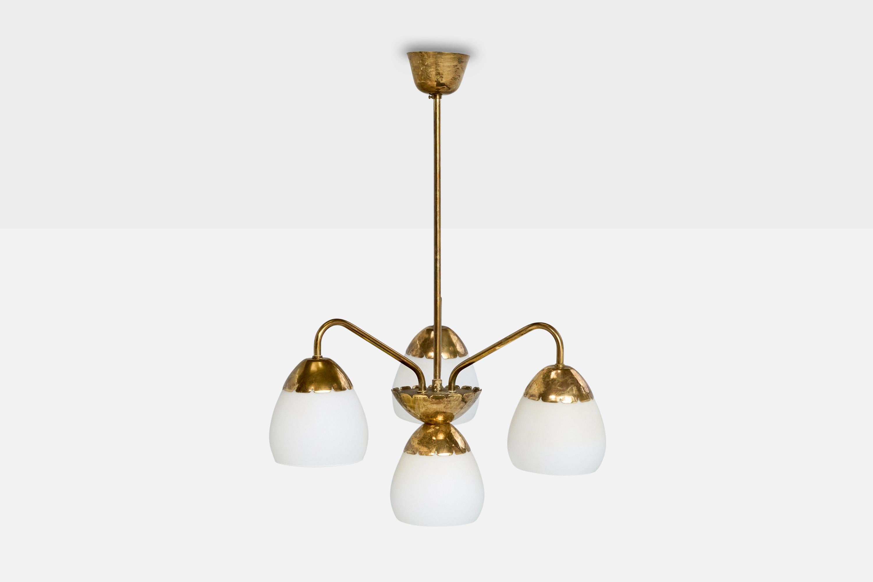 Scandinavian Modern Valinte OY, Chandelier, Brass, Glass, Finland, 1950s For Sale