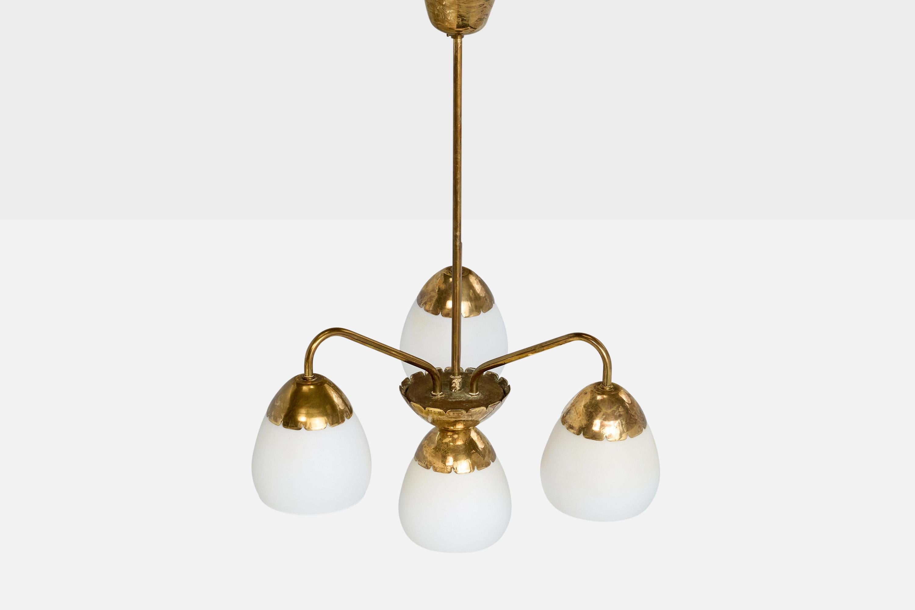 Finnish Valinte OY, Chandelier, Brass, Glass, Finland, 1950s For Sale
