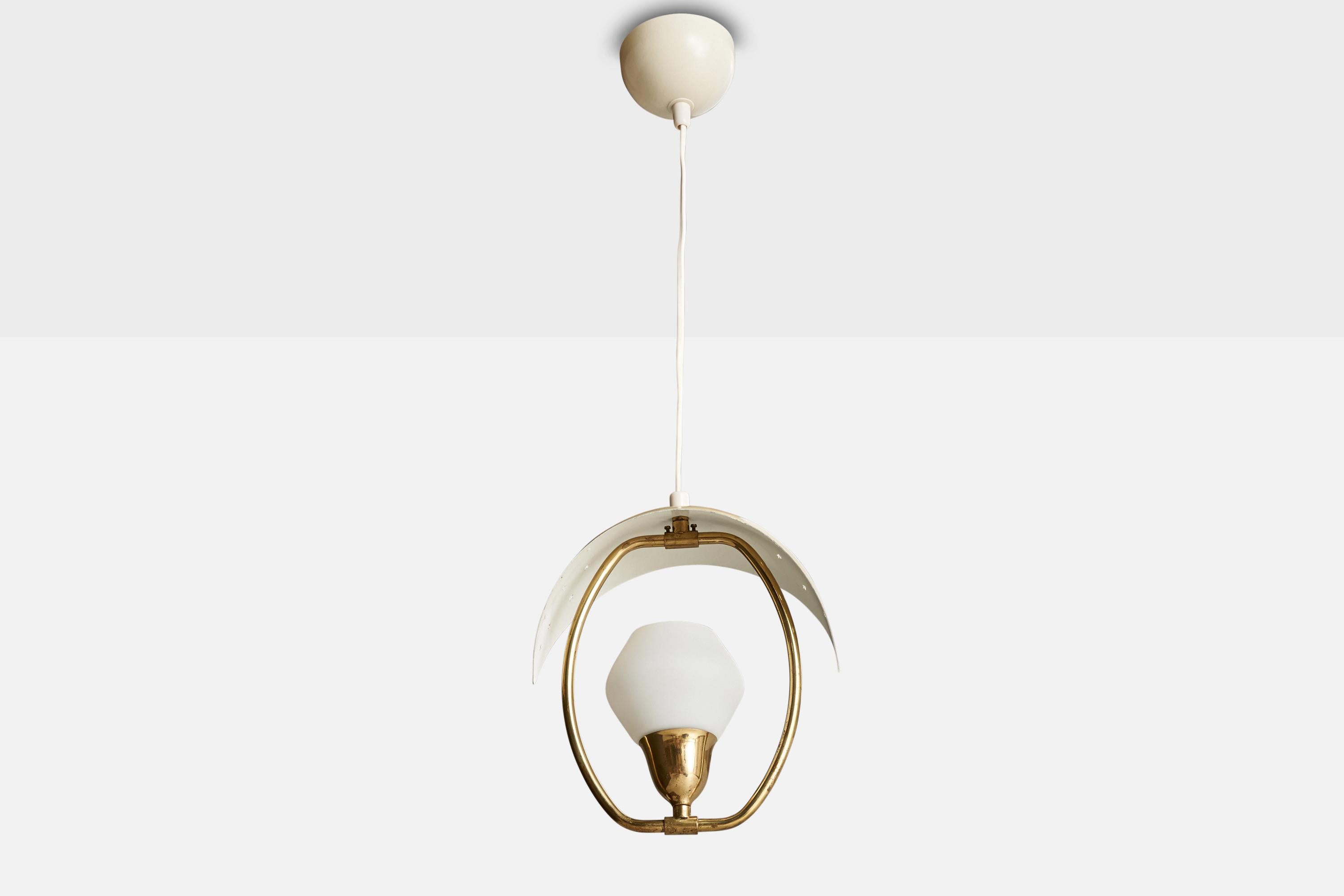 A brass, white opaline glass and yellow-lacquered pendant light designed and produced by Valinte OY, Finland, c. 1950s.

Overall Dimensions (inches): 27.75” H x  10.5” Diameter
Dimensions of Canopy:  3” H x 4” W x 4” D
Stem length: N/A
Bulb