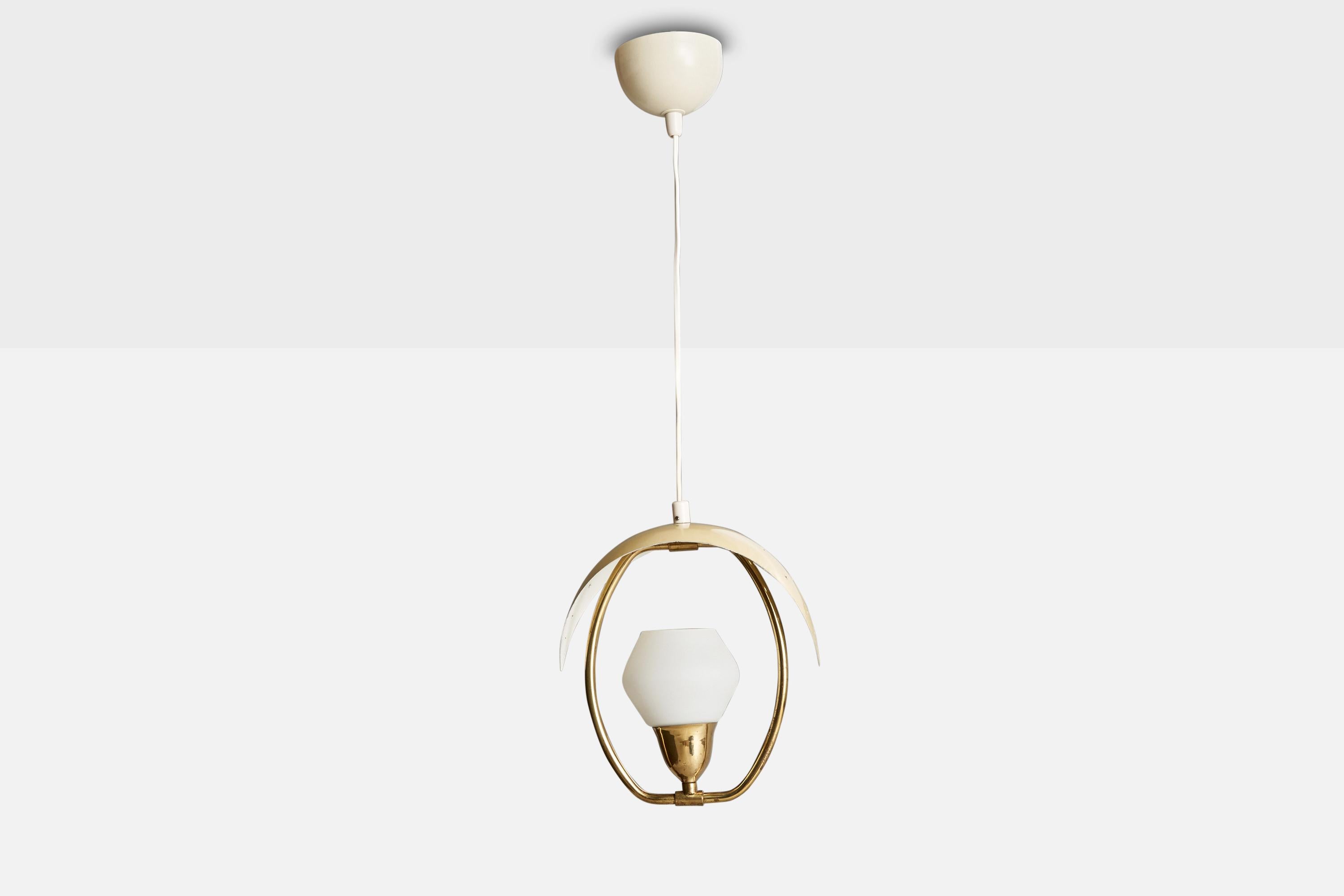 Finnish Valinte Oy, Pendant Light, Brass, Glass, Metal, Finland, 1950s For Sale