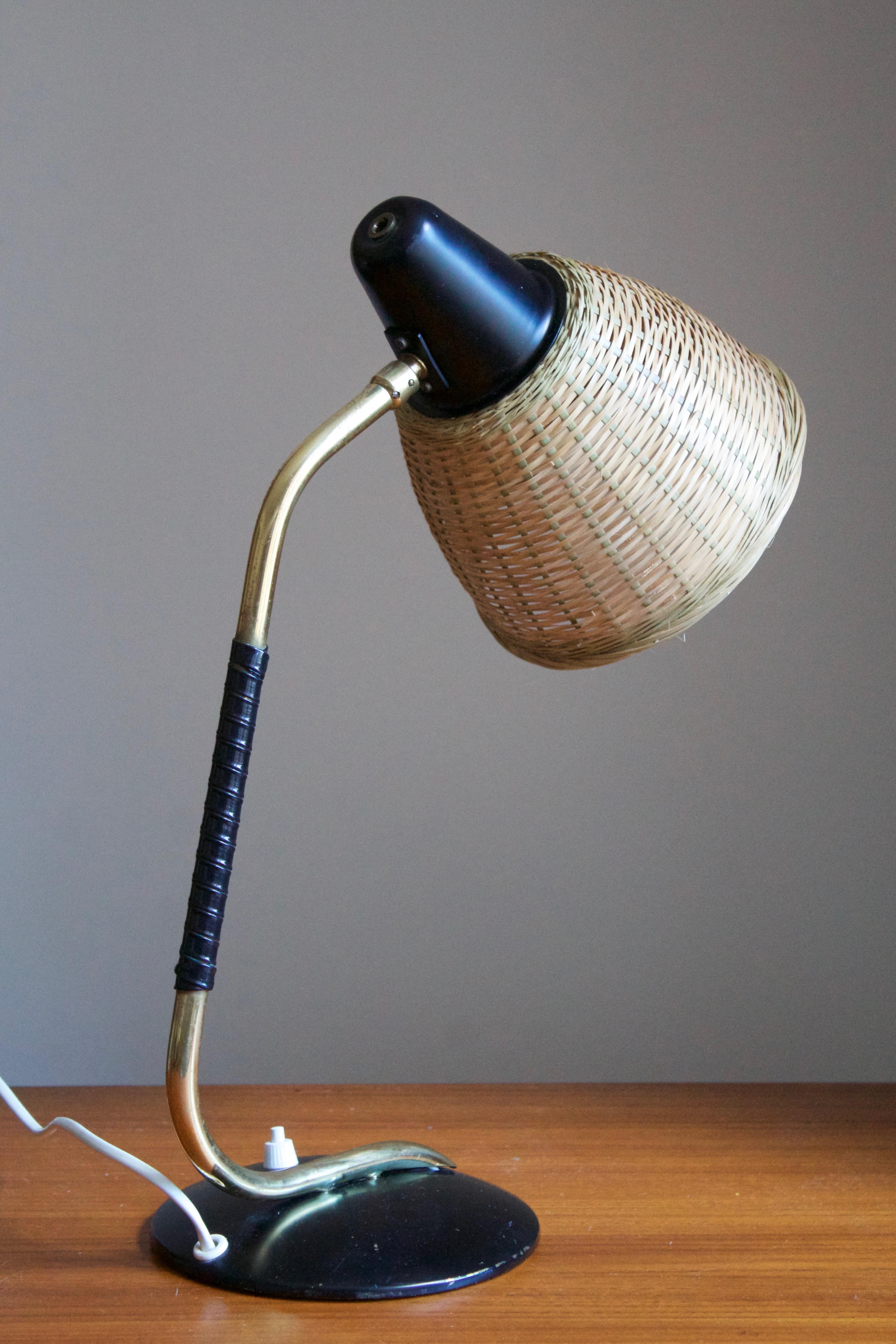 Scandinavian Modern Valinte Oy, Table Lamp, Brass, Lacquered Metal, Rubber, Rattan, Finland, 1940s