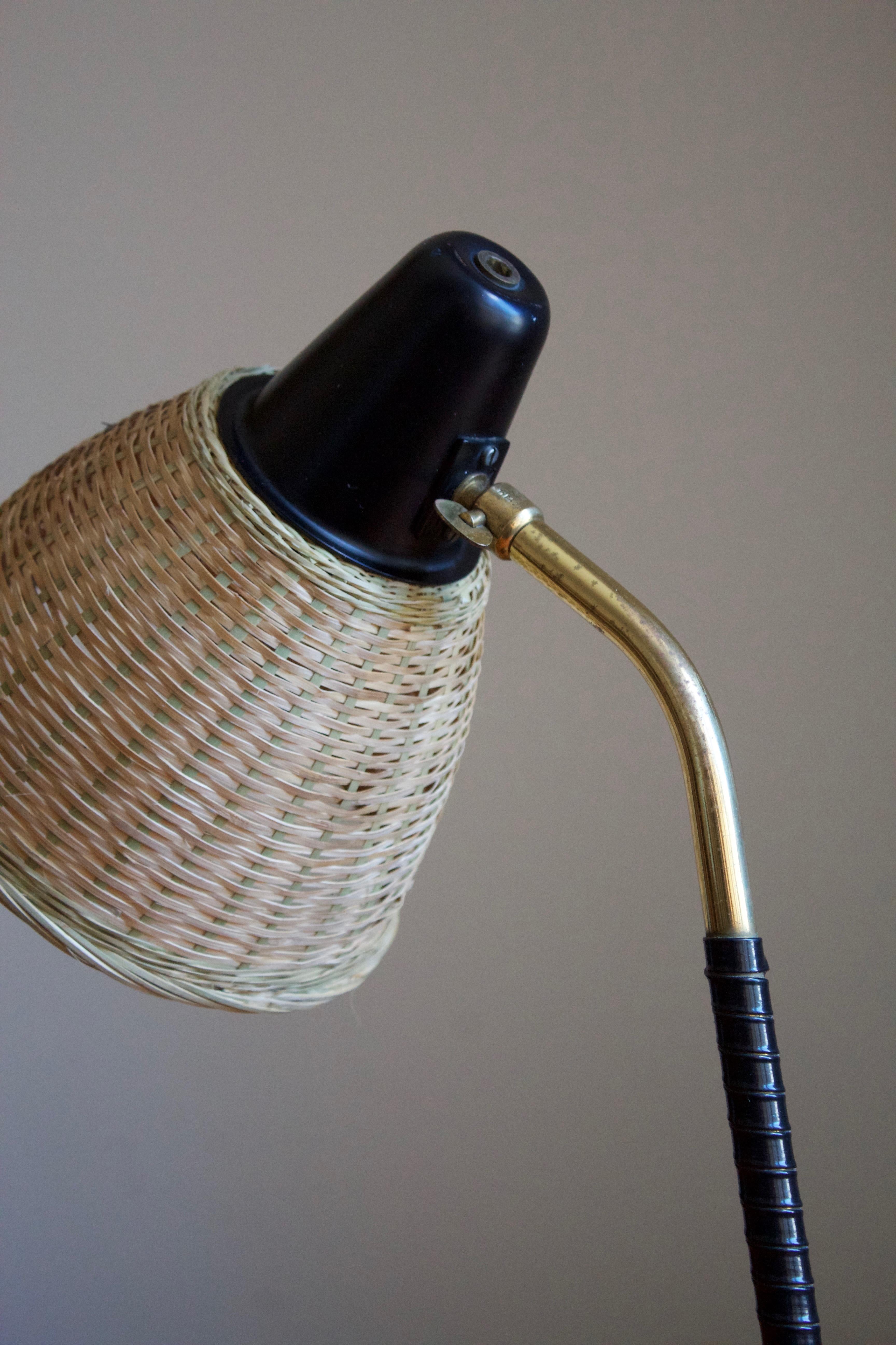 Finnish Valinte Oy, Table Lamp, Brass, Lacquered Metal, Rubber, Rattan, Finland, 1940s