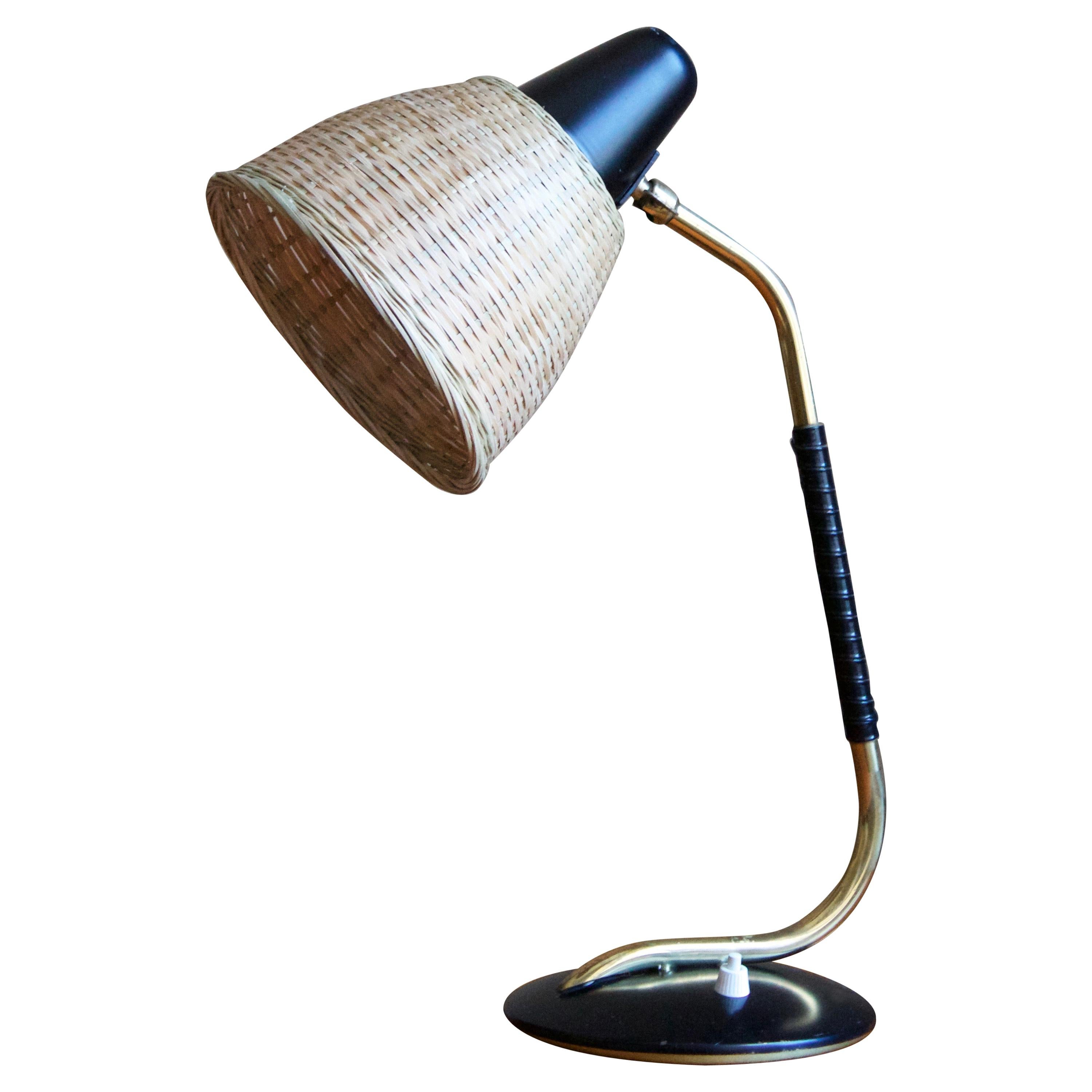 Valinte Oy, Table Lamp, Brass, Lacquered Metal, Rubber, Rattan, Finland, 1940s