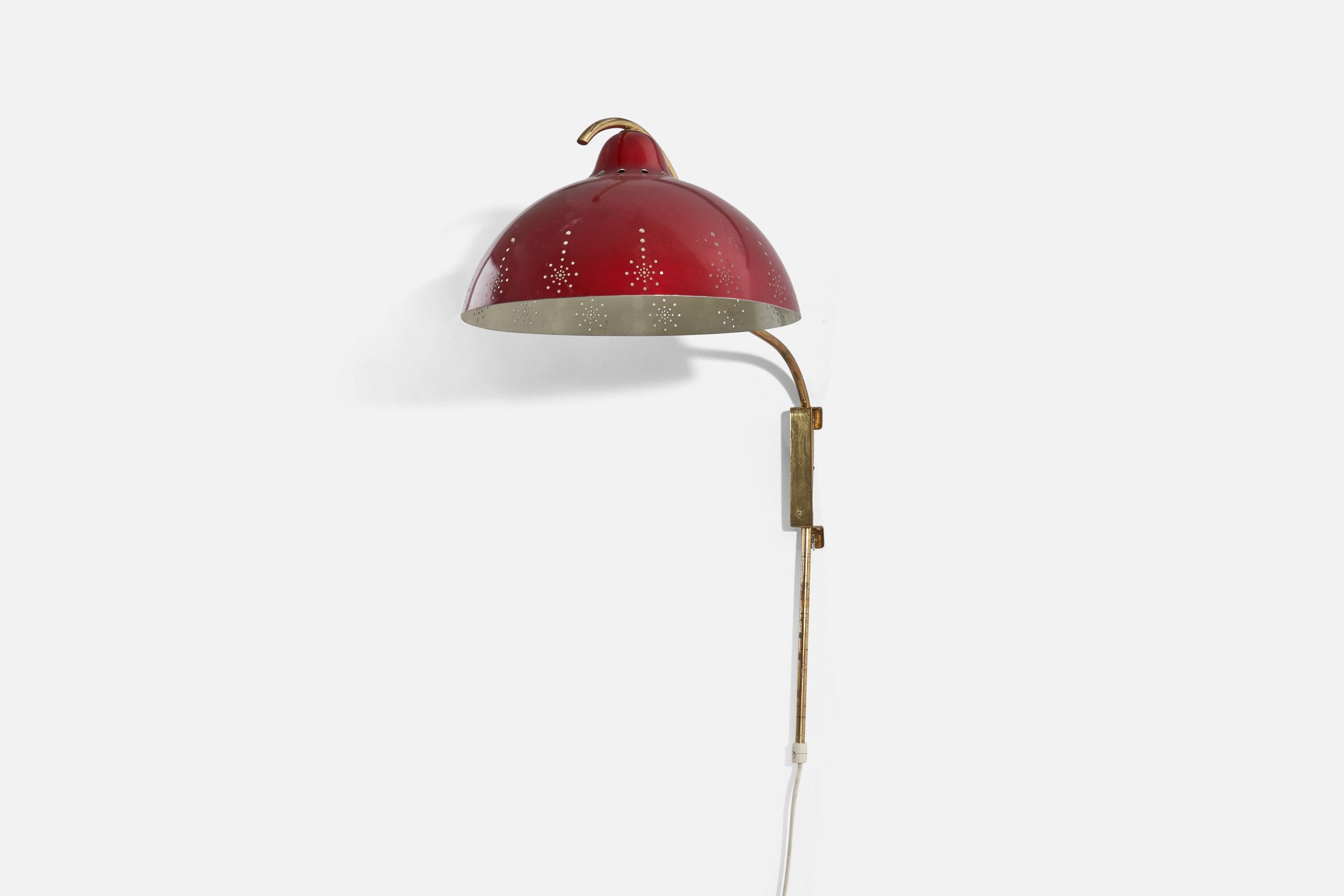 Scandinavian Modern Valinte Oy, Wall Light, Brass, Red Metal, Finland, 1940's For Sale
