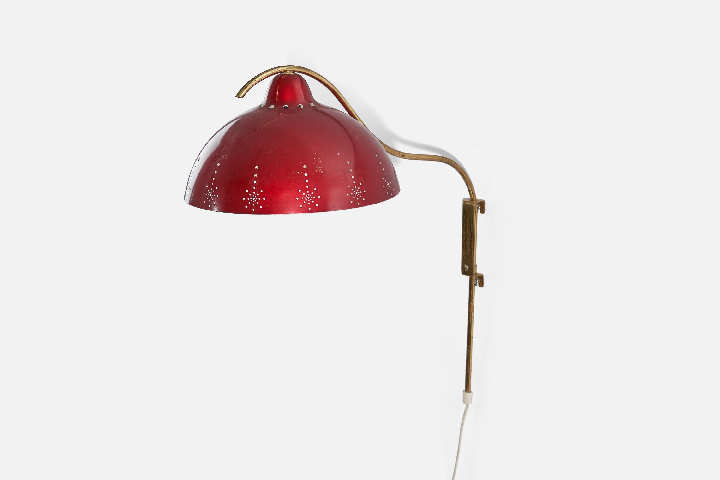 Mid-20th Century Valinte Oy, Wall Light, Brass, Red Metal, Finland, 1940's For Sale