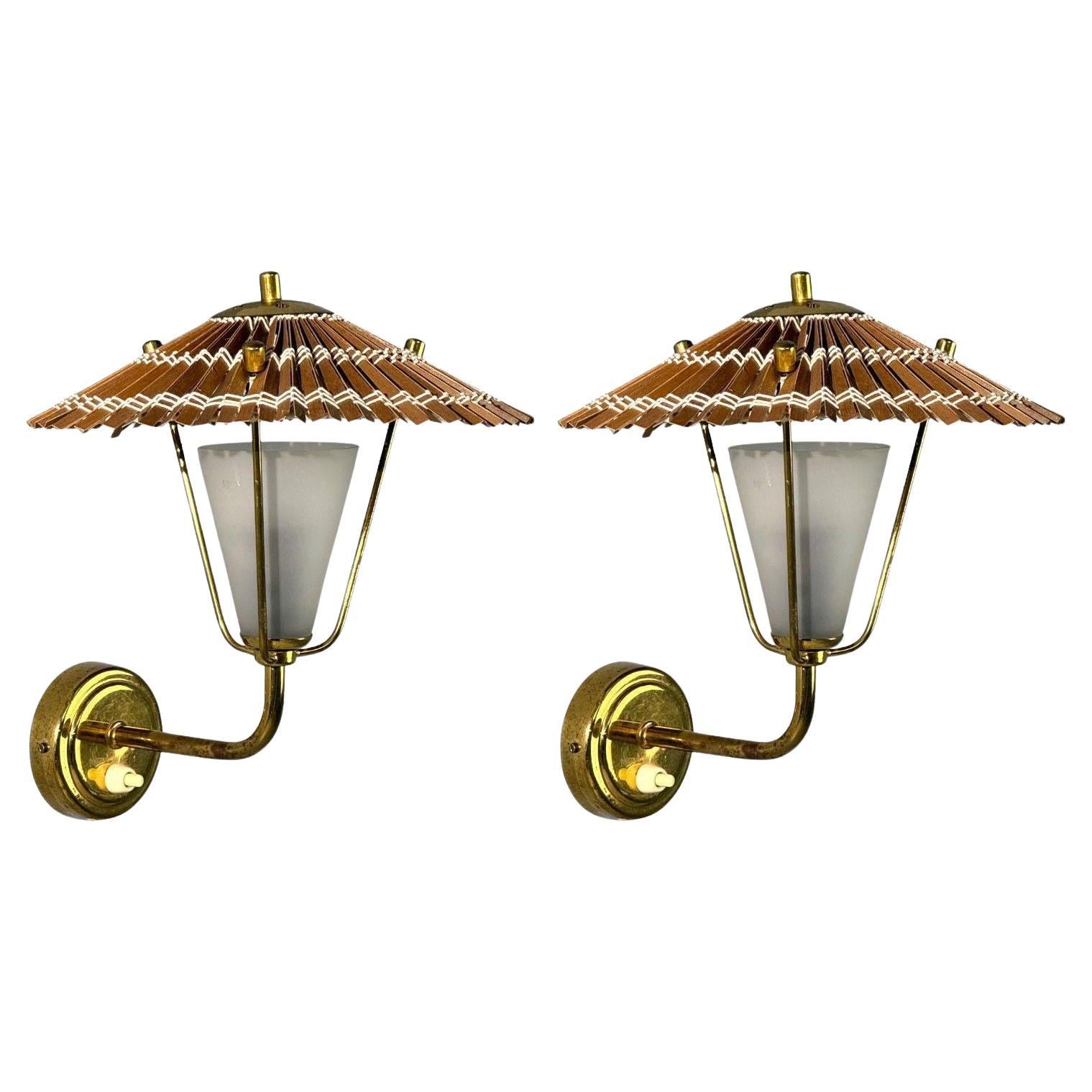 Valinte Oy, Wall Lights, Polished Brass, Frosted Glass, Rattan, Finland, 1950s For Sale