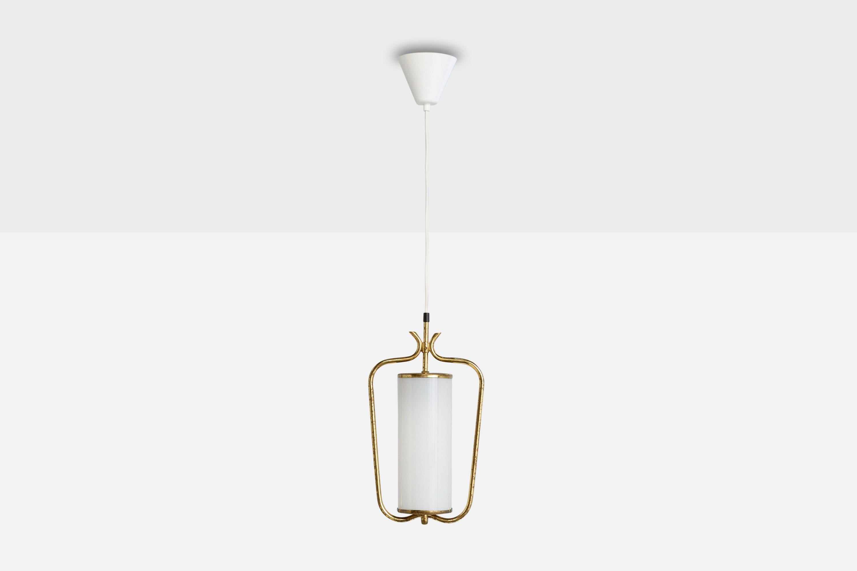 Scandinavian Modern Valinte, Pendant Light, Brass, Glass, Finland, 1950s For Sale