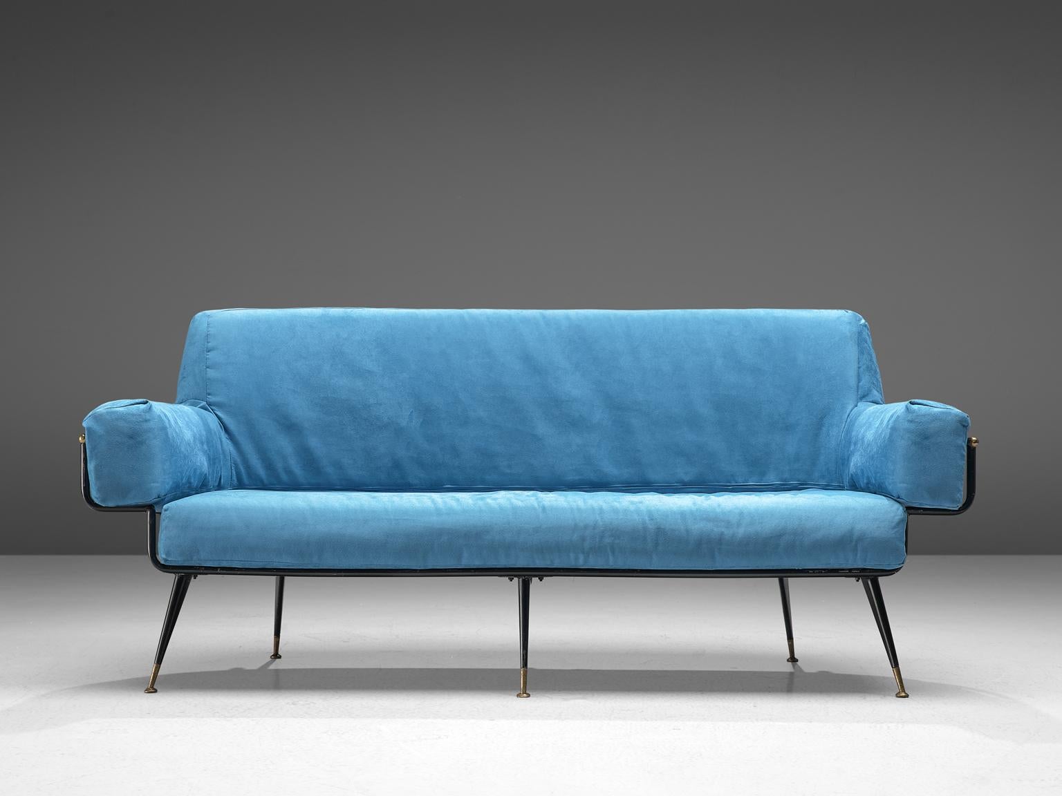 Valla Rito, sofa, fabric, metal and brass. Italy, 1950s.

This modern sofa, designed by Valla Rito, features a metal frame that holds the seat in its place. The legs are tall and slender and are made of brass on the bottom half and black metal on