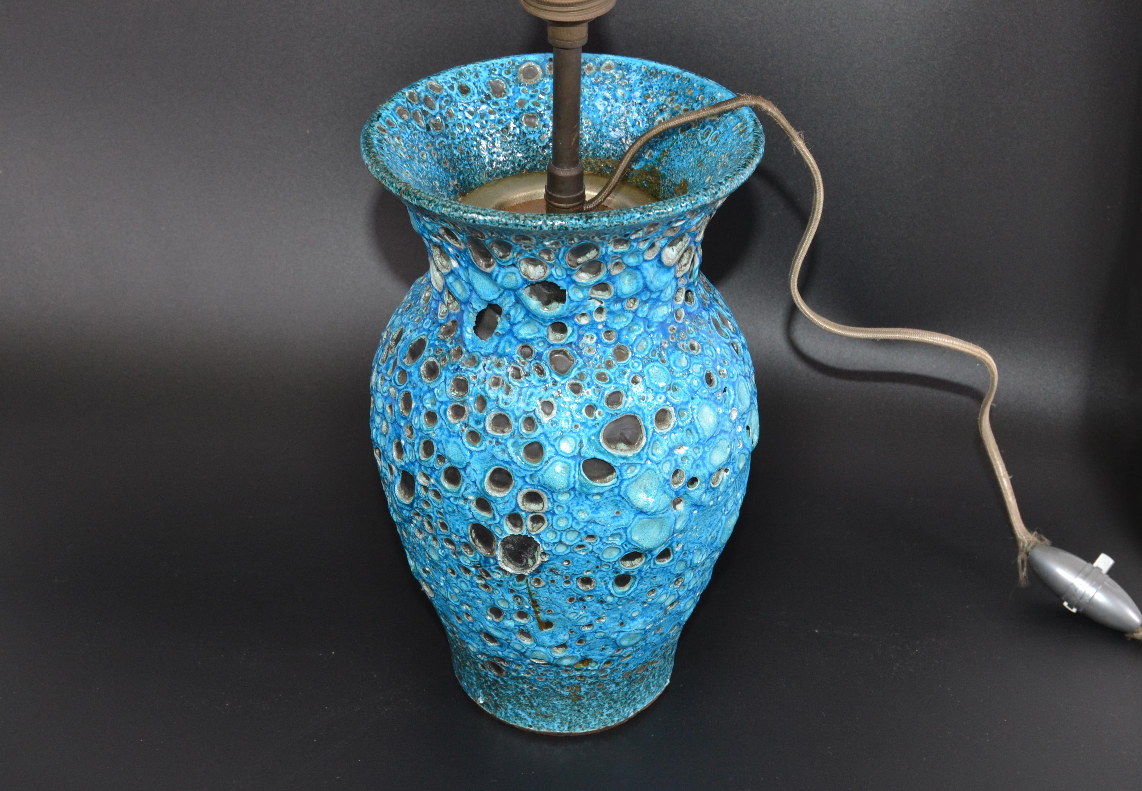 Glazed Vallaurice France Turquoise Glaze Ceramic Table Lamp Pottery Folk Art French For Sale