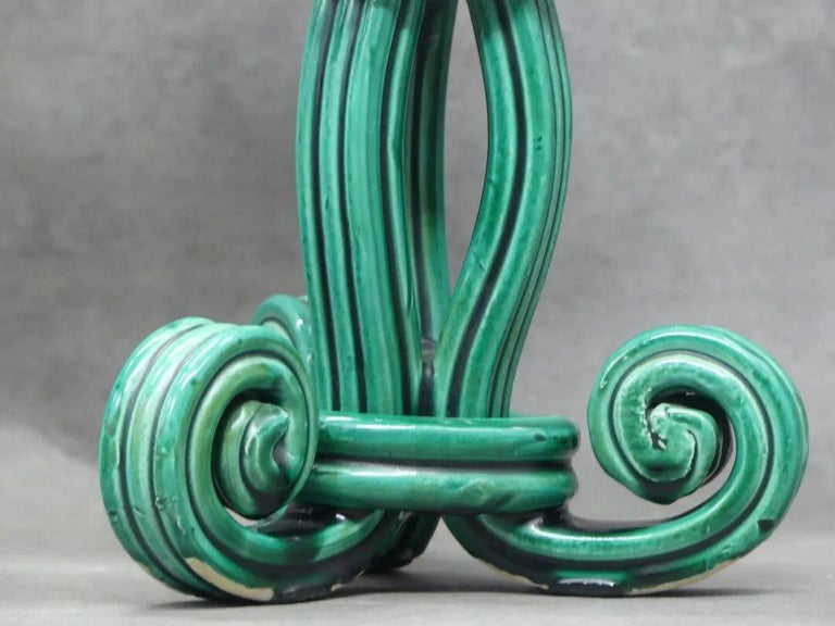 Vallauris (attributed to) Pair of twisted green ceramic candelabra circa 1950.