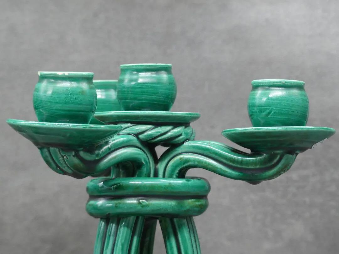 Mid-Century Modern Vallauris 'Attributed to' Pair of Twisted Green Ceramic Candelabra circa 1950