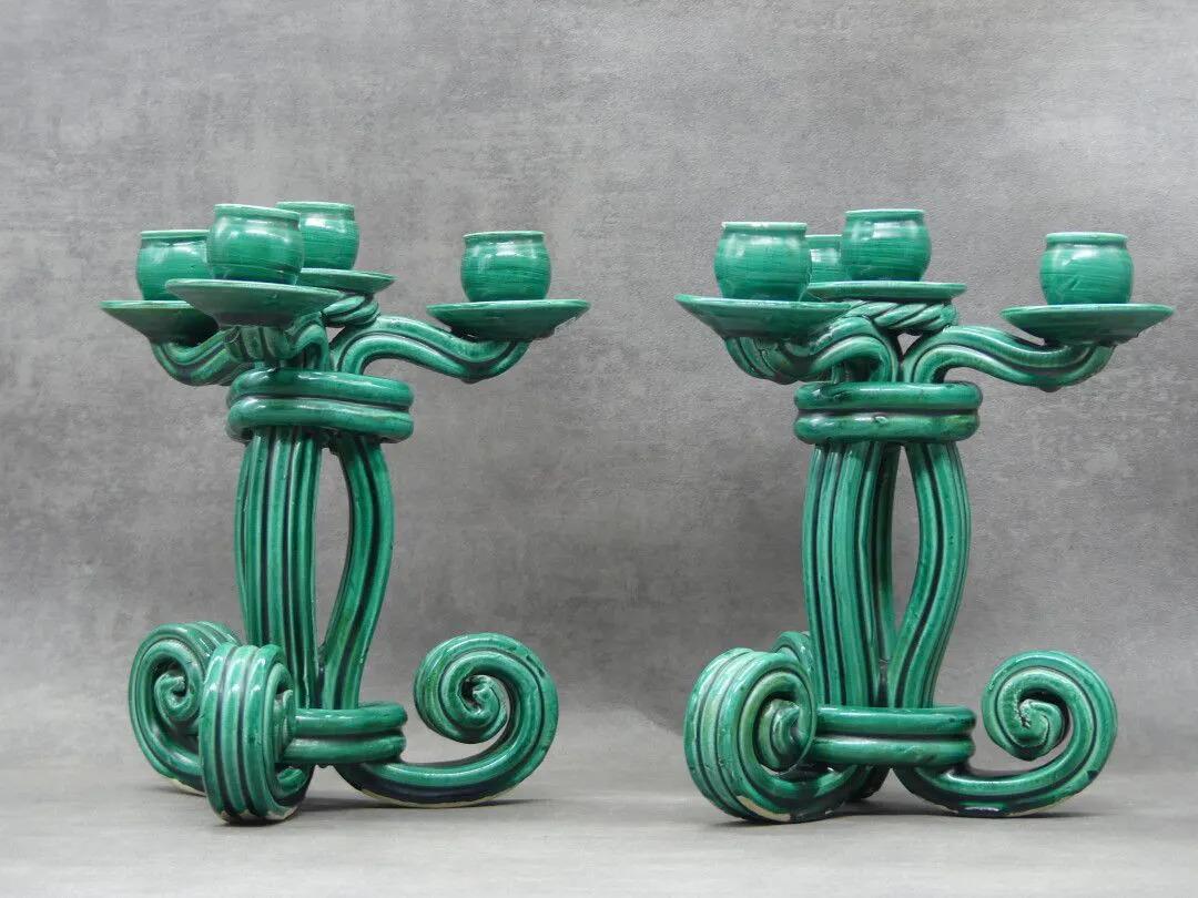 French Vallauris 'Attributed to' Pair of Twisted Green Ceramic Candelabra circa 1950
