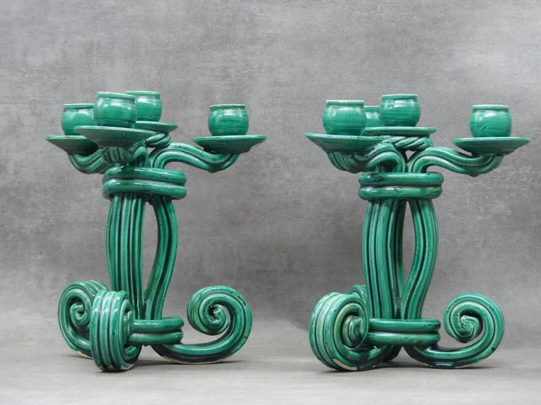 French Vallauris 'Attributed to' Pair of Twisted Green Ceramic Candelabra circa 1950 For Sale