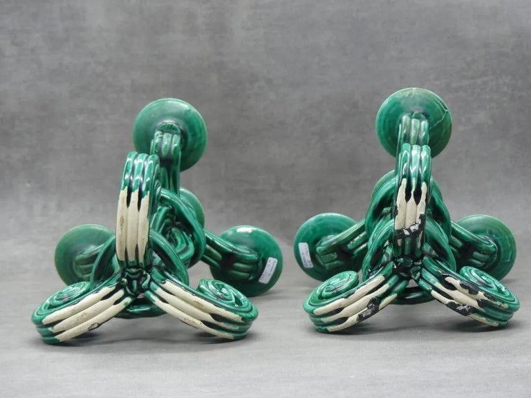 Vallauris 'Attributed to' Pair of Twisted Green Ceramic Candelabra circa 1950 In Good Condition For Sale In Saint-Ouen, FR