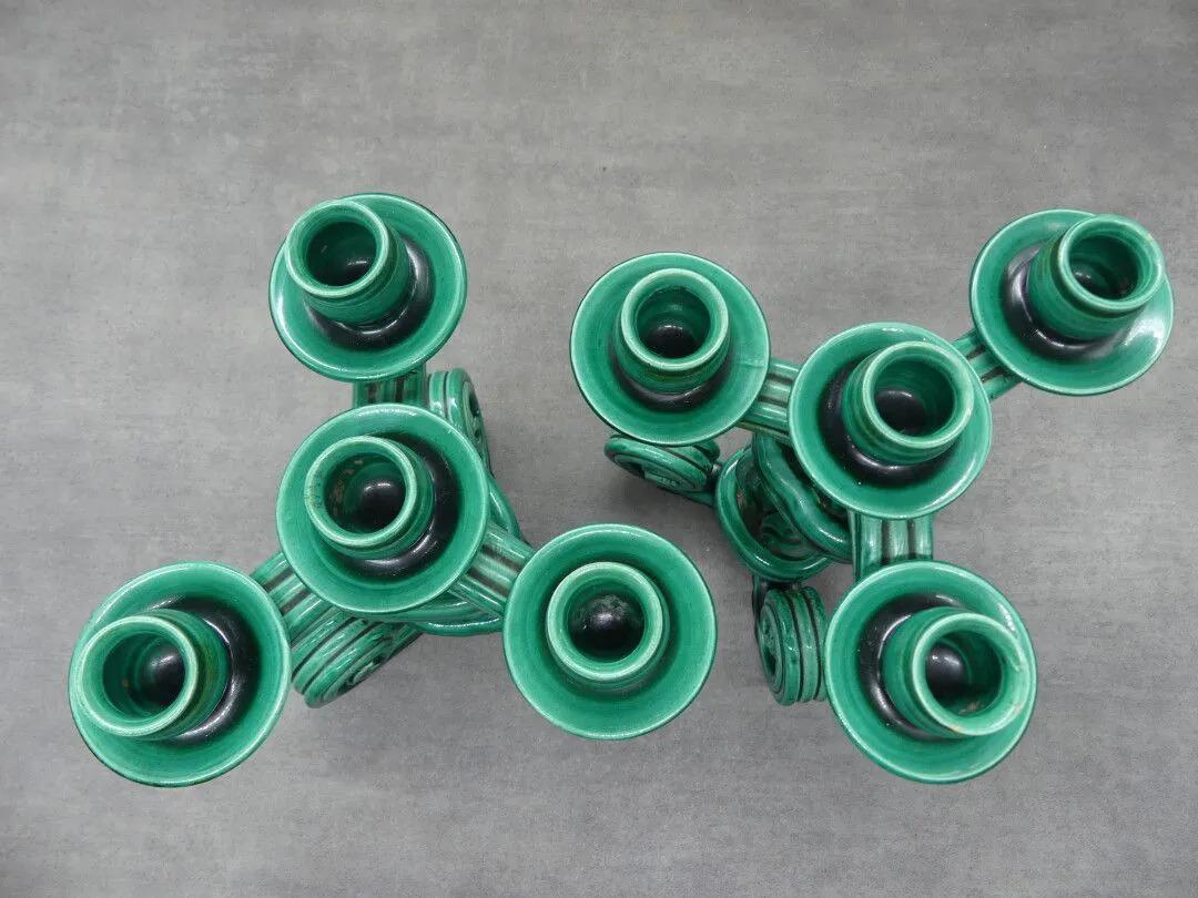 Mid-20th Century Vallauris 'Attributed to' Pair of Twisted Green Ceramic Candelabra circa 1950