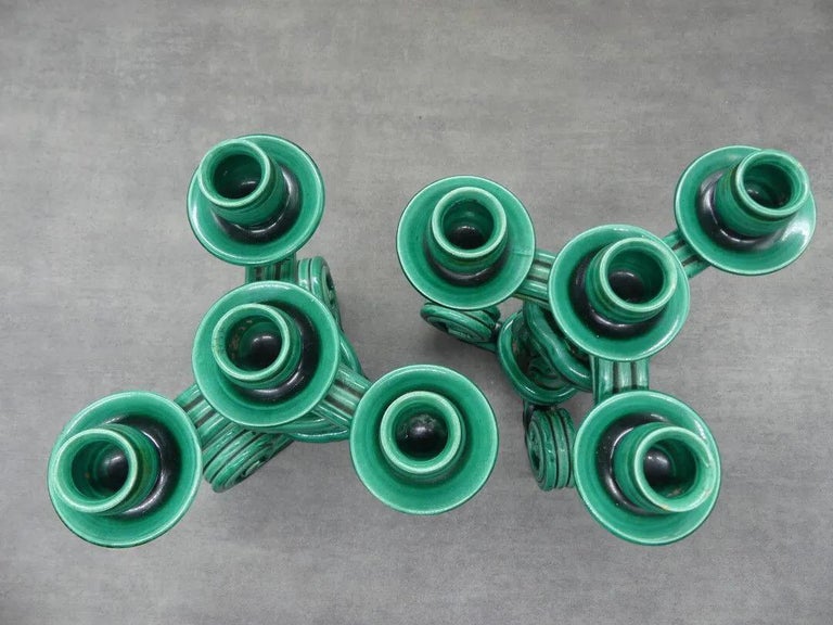 Mid-20th Century Vallauris 'Attributed to' Pair of Twisted Green Ceramic Candelabra circa 1950 For Sale