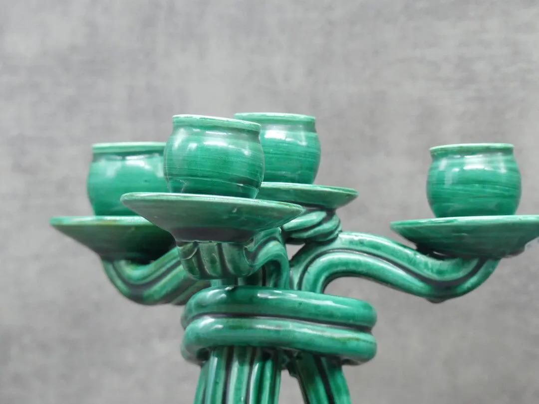 Vallauris 'Attributed to' Pair of Twisted Green Ceramic Candelabra circa 1950 1