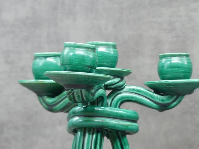 Vallauris 'Attributed to' Pair of Twisted Green Ceramic Candelabra circa 1950 For Sale 1