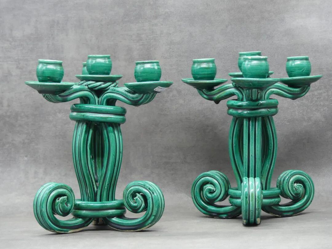 Vallauris 'Attributed to' Pair of Twisted Green Ceramic Candelabra circa 1950 2