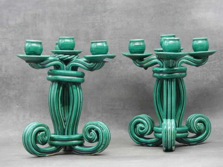 Vallauris 'Attributed to' Pair of Twisted Green Ceramic Candelabra circa 1950 For Sale 2