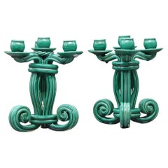 Vallauris 'Attributed to' Pair of Twisted Green Ceramic Candelabra circa 1950