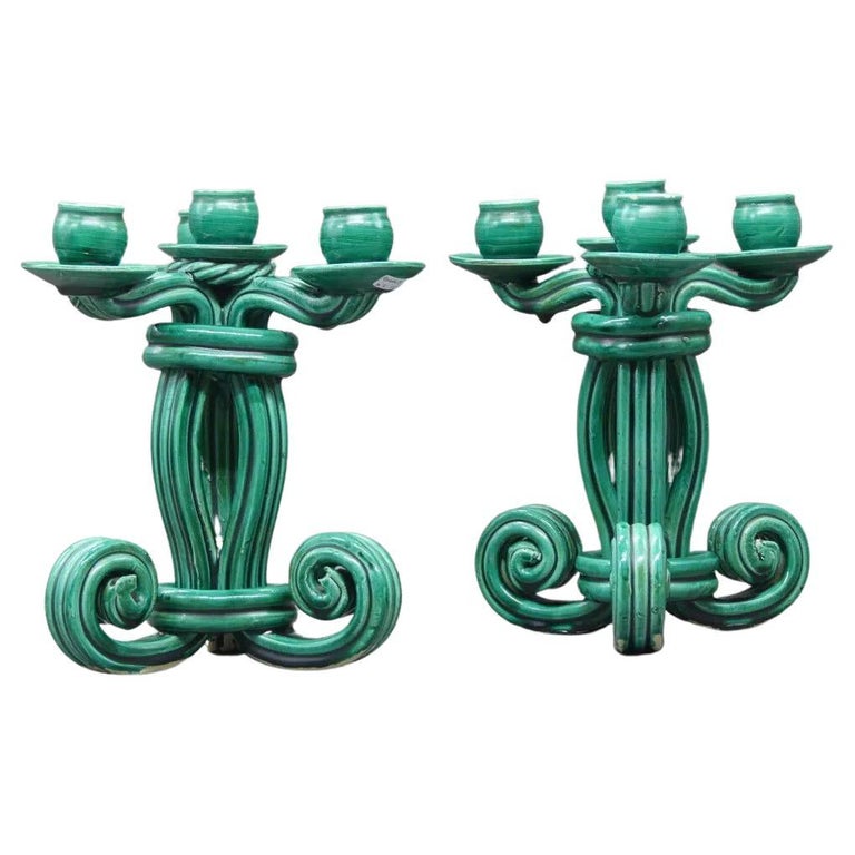 Vallauris 'Attributed to' Pair of Twisted Green Ceramic Candelabra circa 1950 For Sale