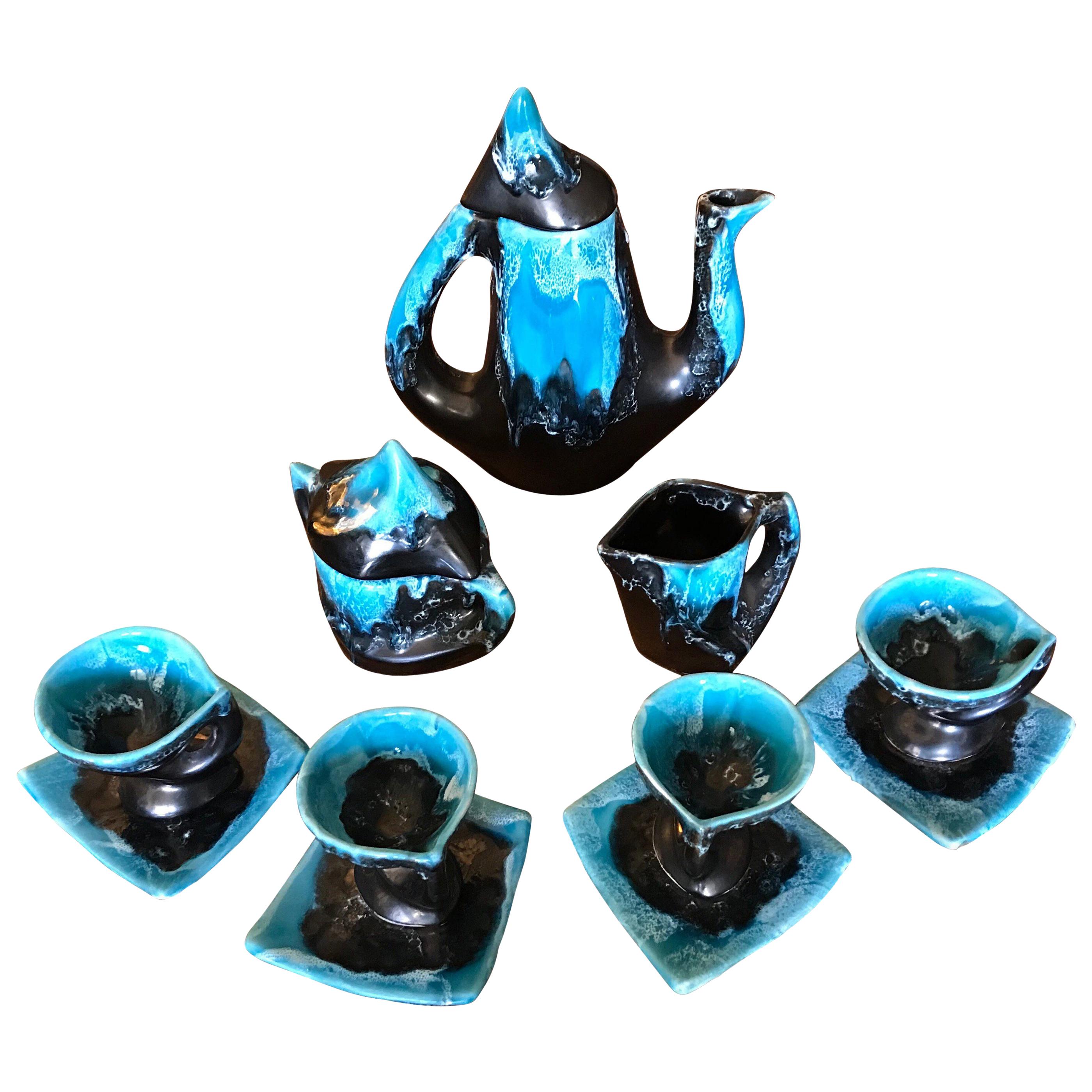 Vallauris Blue Ceramic Coffee Set, Mid-Century Modern, France, 1950