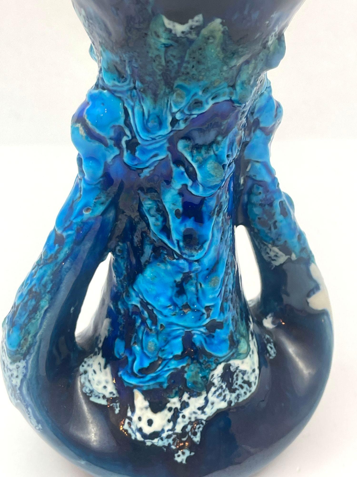 VALLAURIS Blue Ceramic Vase Handcrafted in France 1950s For Sale 5