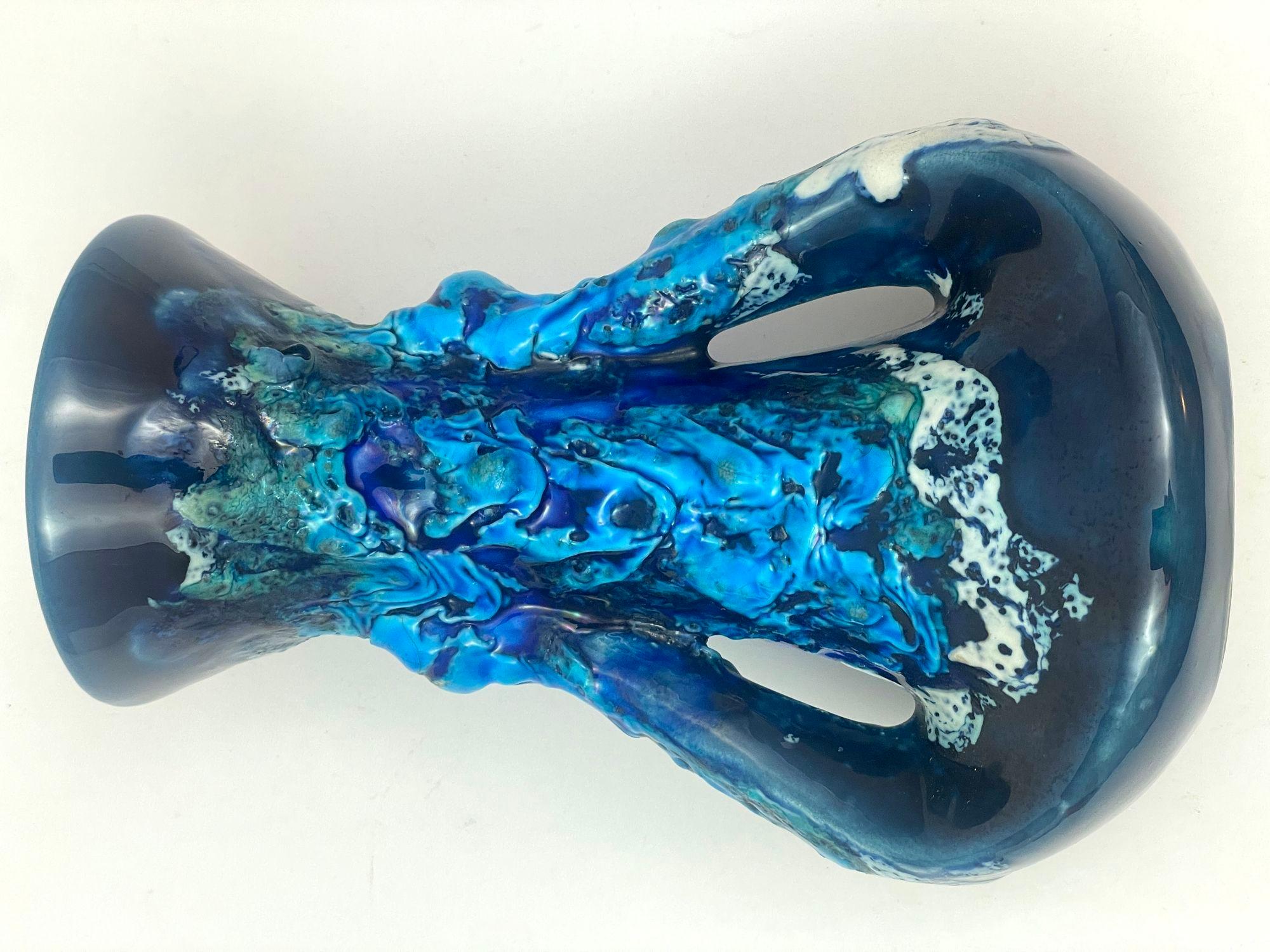 VALLAURIS Blue Ceramic Vase Handcrafted in France 1950s For Sale 6
