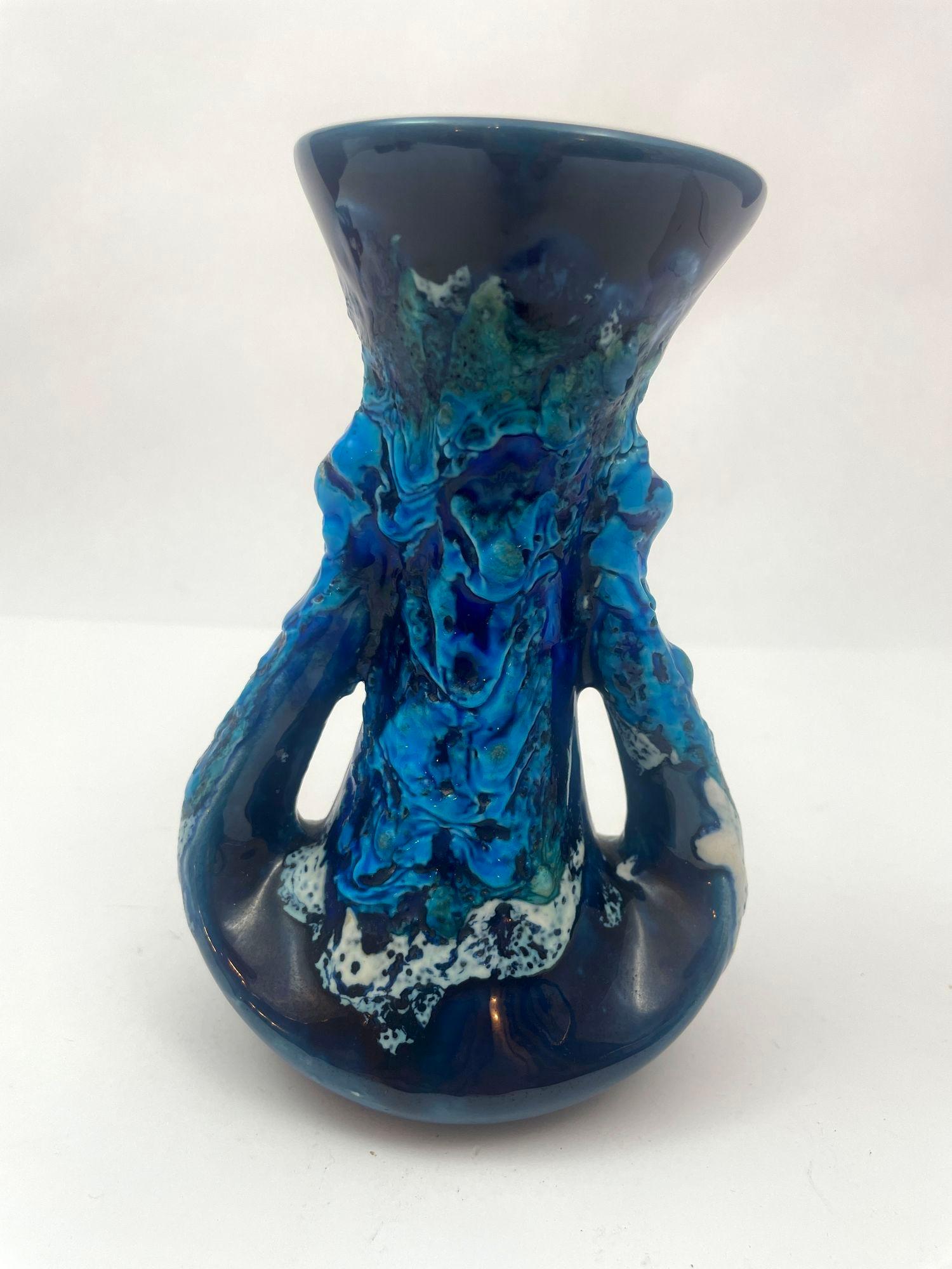 VALLAURIS Blue Ceramic Vase Handcrafted in France 1950s For Sale 7